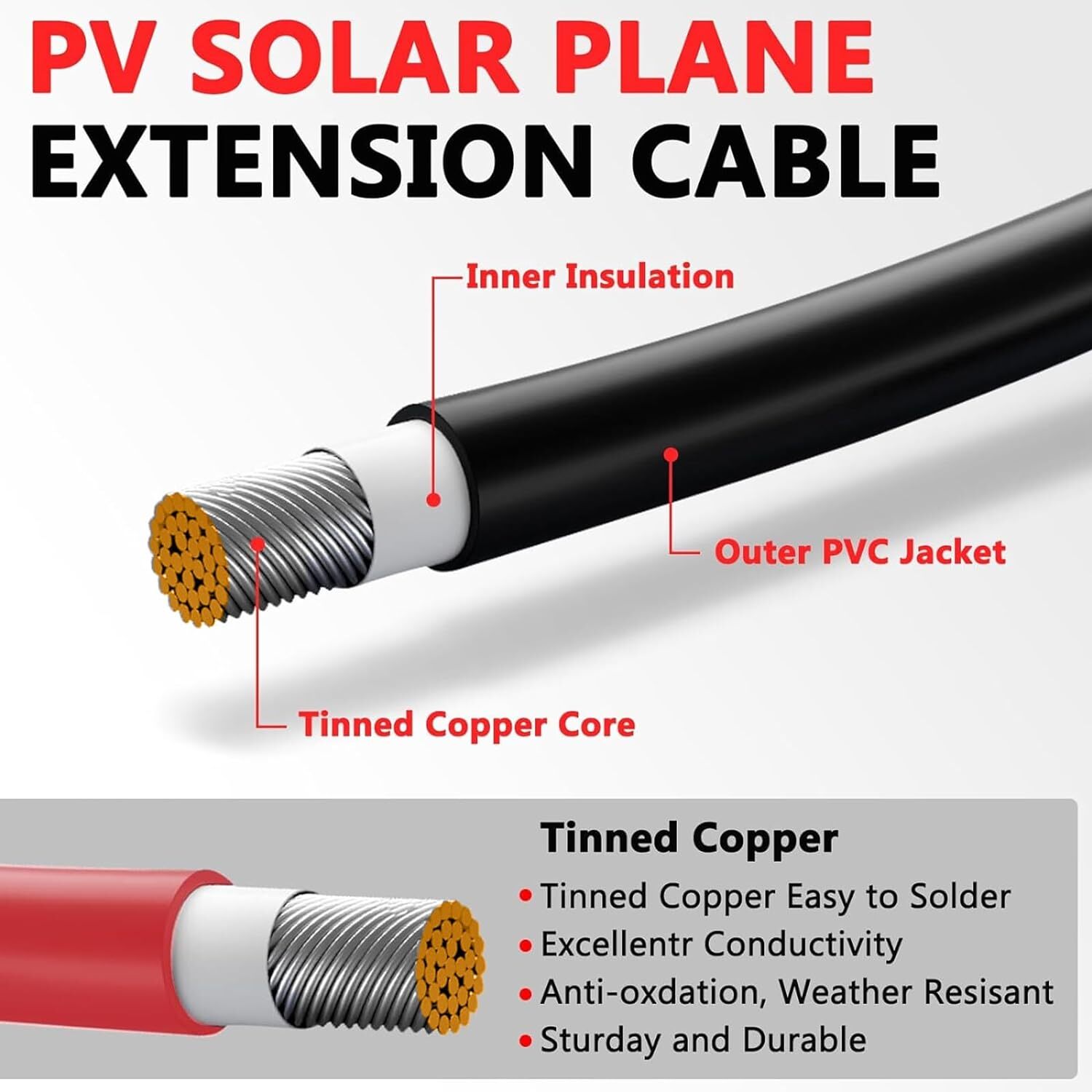 10 AWG Solar Panel Extension Cable PV Wire Solar Connector Pair Black & Red 6mm²