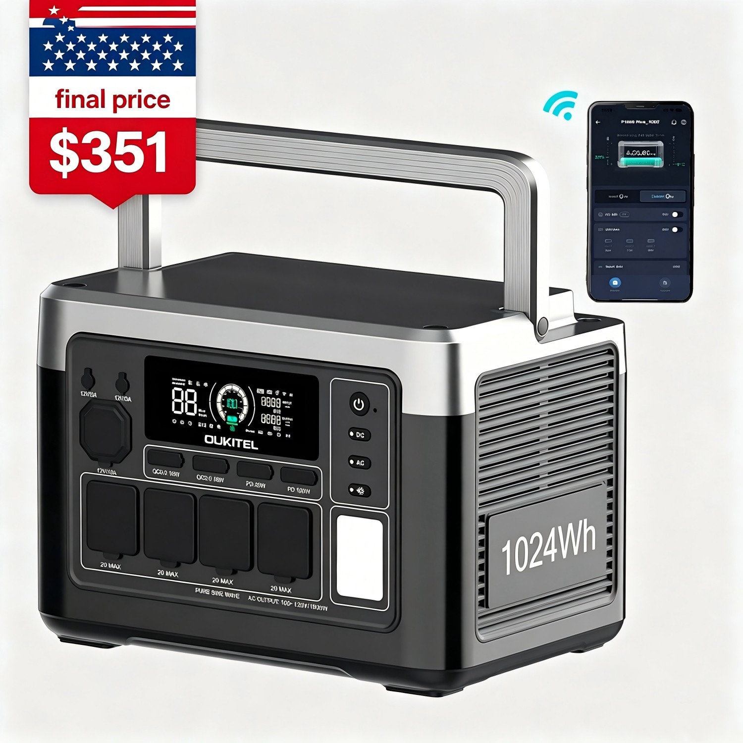 OUKITEL Power Station 1024Wh, 1800W Solar Generator, LiFePO4 Battery Backup