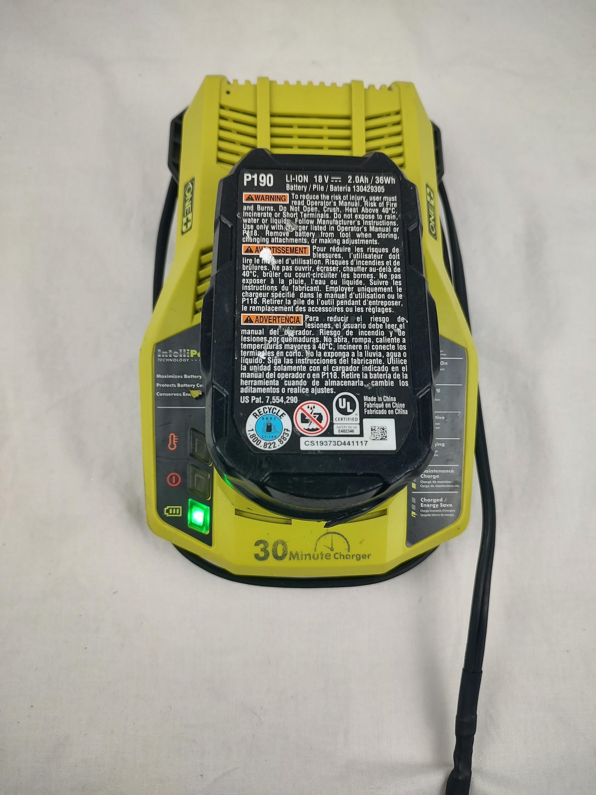 Ryobi 18V Lithium Battery P190 W P117 30 Minute Charger Green Set ONE+ 2Ah
