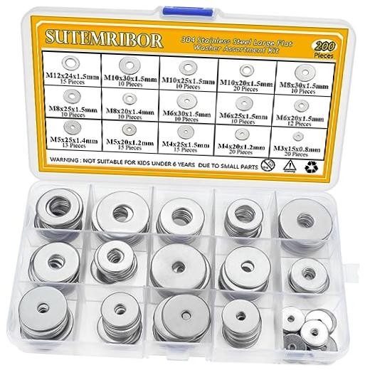 304 Stainless Steel Large Fender Washer Assortment Kit 200 Pieces, 15 Sizes –