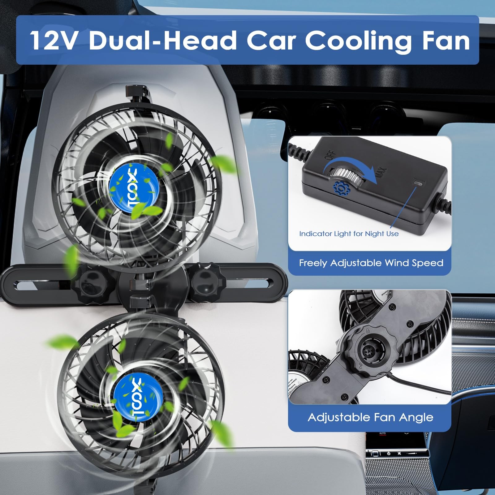 12V Car Fan 2 Head Rotatable Stepless Speed Air Cooler For Vehicles SUV RV