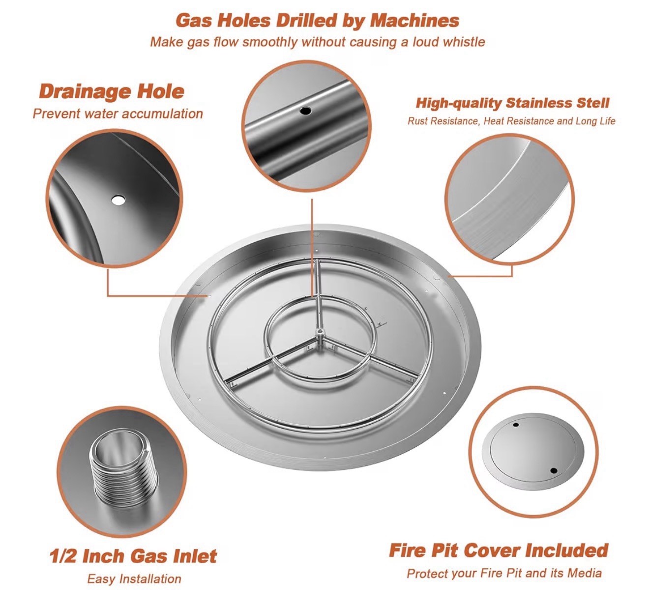 31” Round Stainless Steel Drop-in Fire Pit Pan Burner Kit w/ Cover