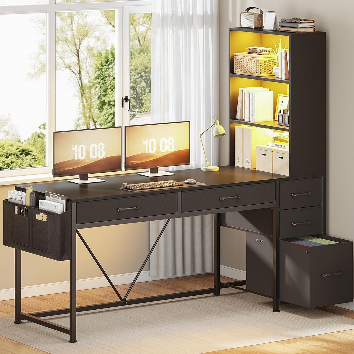Computer Desk with 5 Drawers&Bookshelf, Reversible Home Office Desk w/LED Lights