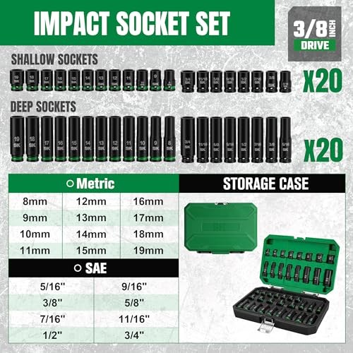 3/8″ Drive Impact Socket Set, 40-Piece Deep & Shallow Sockets, Metric 8 to