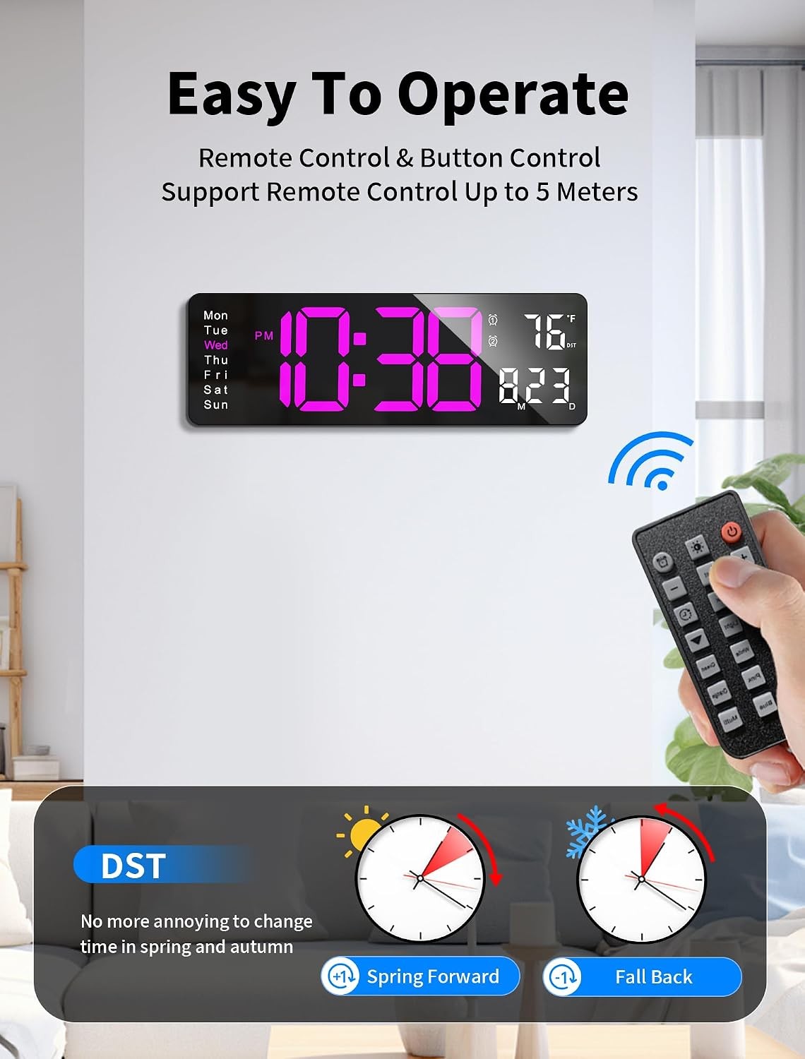 Digital Wall Clock, 16″ Large Display Digital Clock with Remote Control Dimming