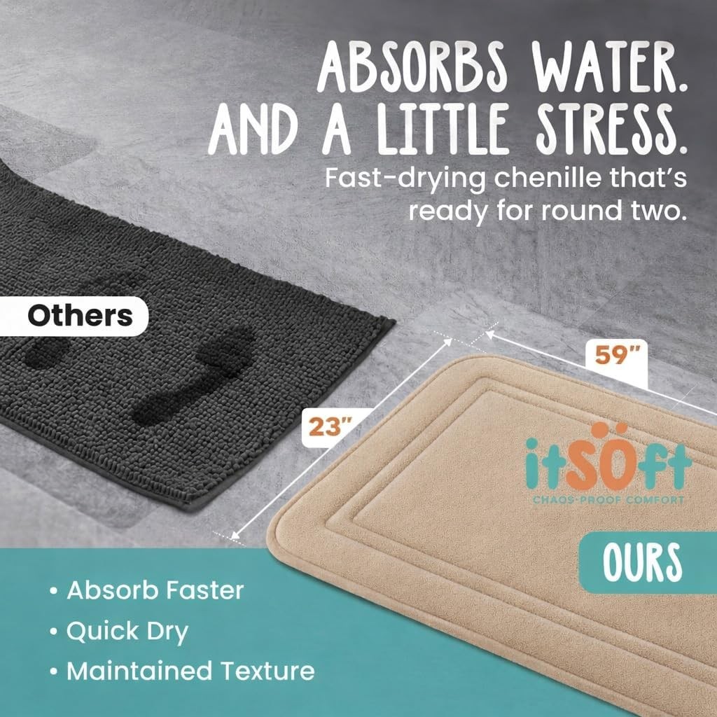Memory Foam Bath Mat 59×23, Non Slip, Machine Washable, Quick Dry & Absorbent