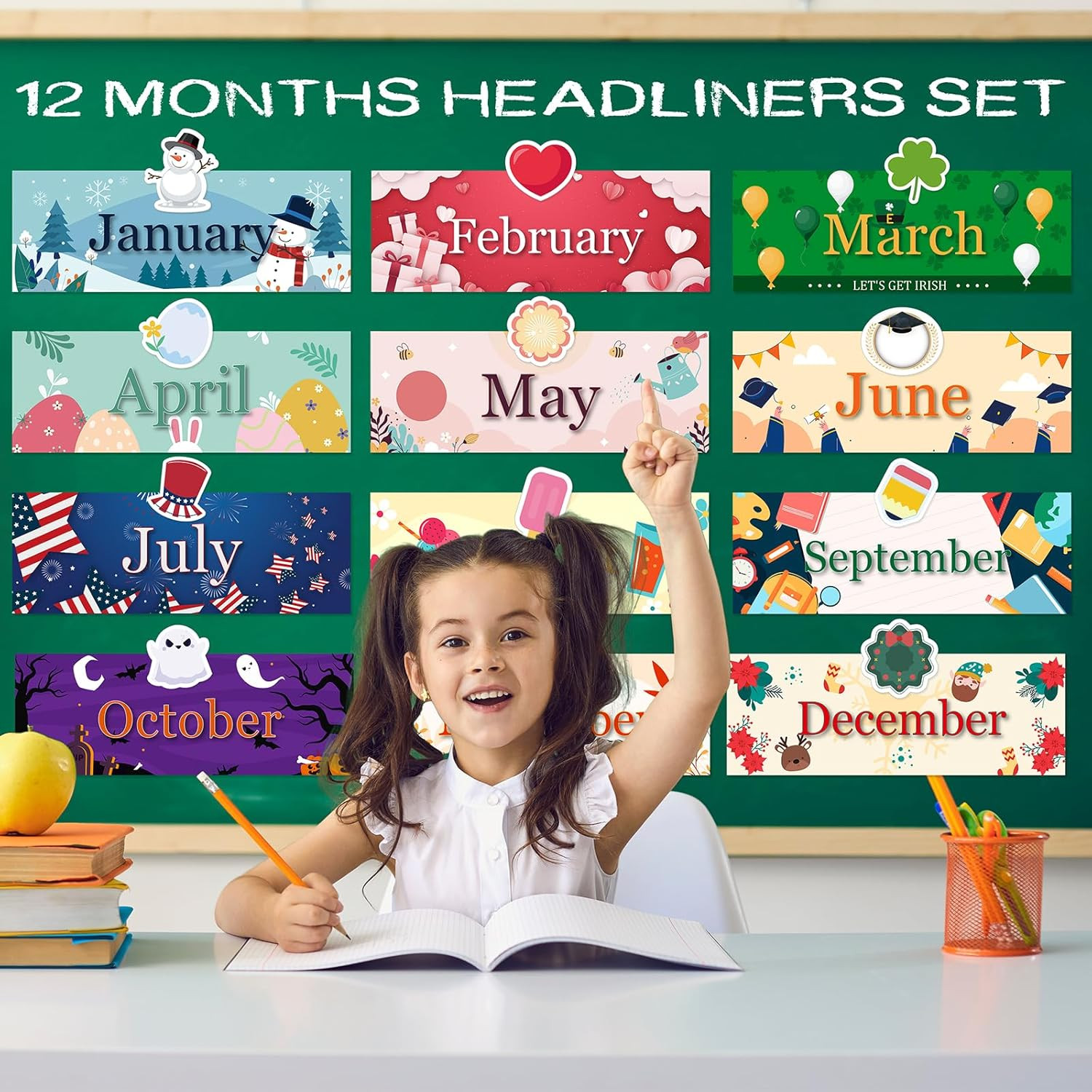 24 Pcs Holiday 12 Months of The Year Headers Monthly Headliners Set with 12 C…