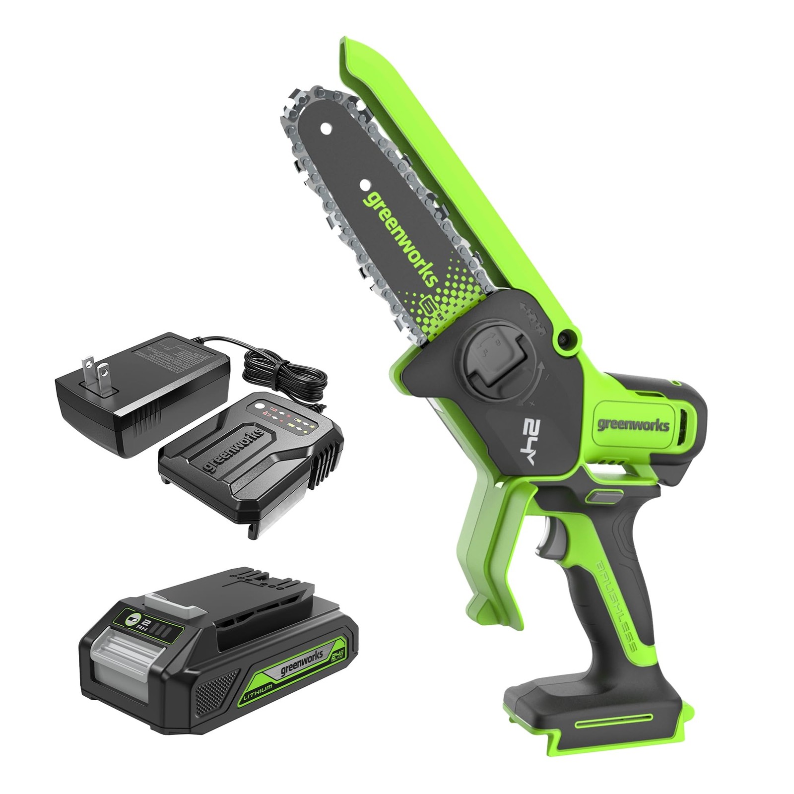 Greenworks 24V 6in BL Pruning Saw w/Auto Oiler, 2Ah (Auto Olier), Green