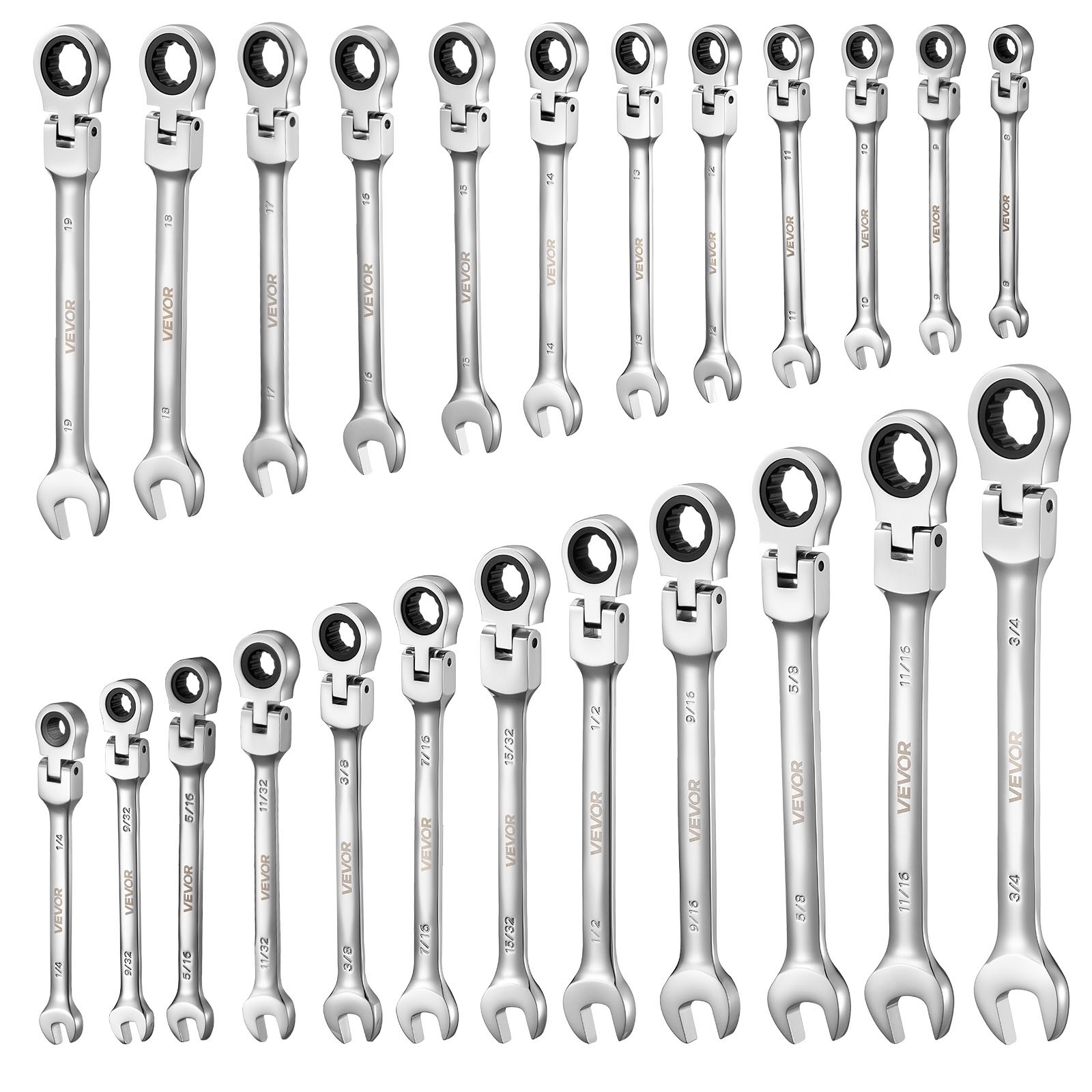 VEVOR Flex-Head Ratcheting Wrench Set Combination Wrench Set 24-Piece SAE Metric