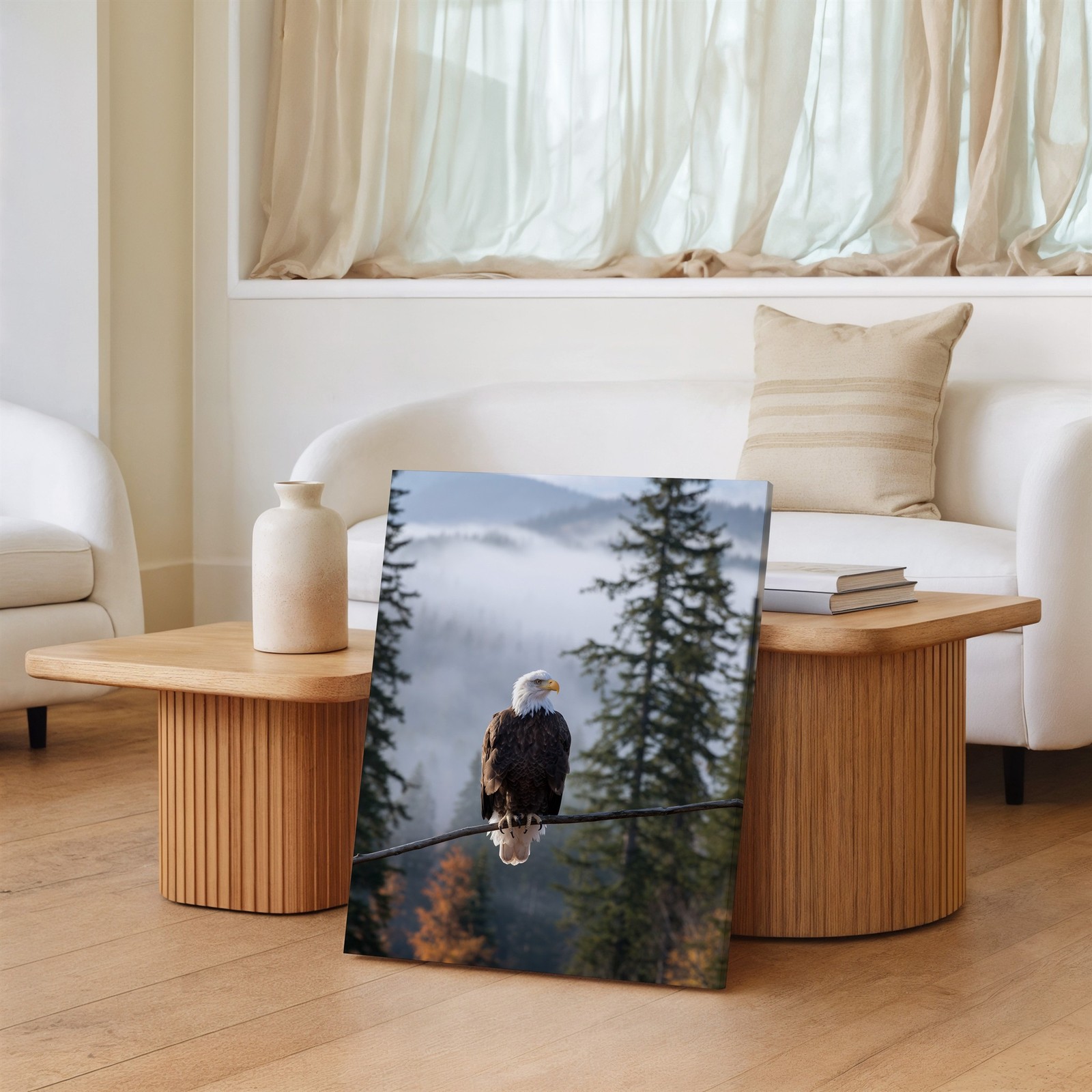 Wall Art Majestic Bald Eagle Perched On A Slender Branch, Overlooking A Misty