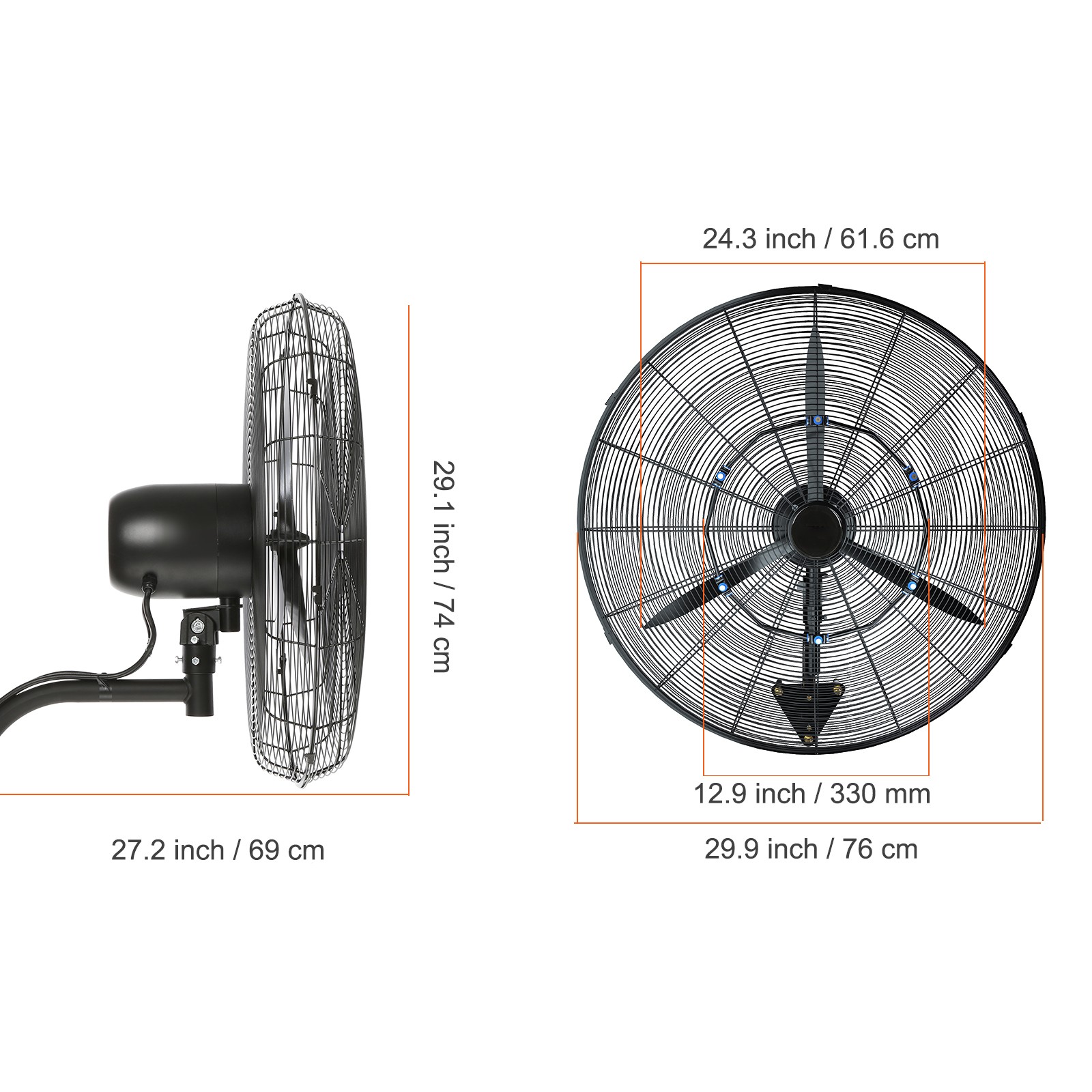VEVOR Wall Mount Fan 24″ Misting Fan Oscillating Metal Fan Waterproof 3 Speed