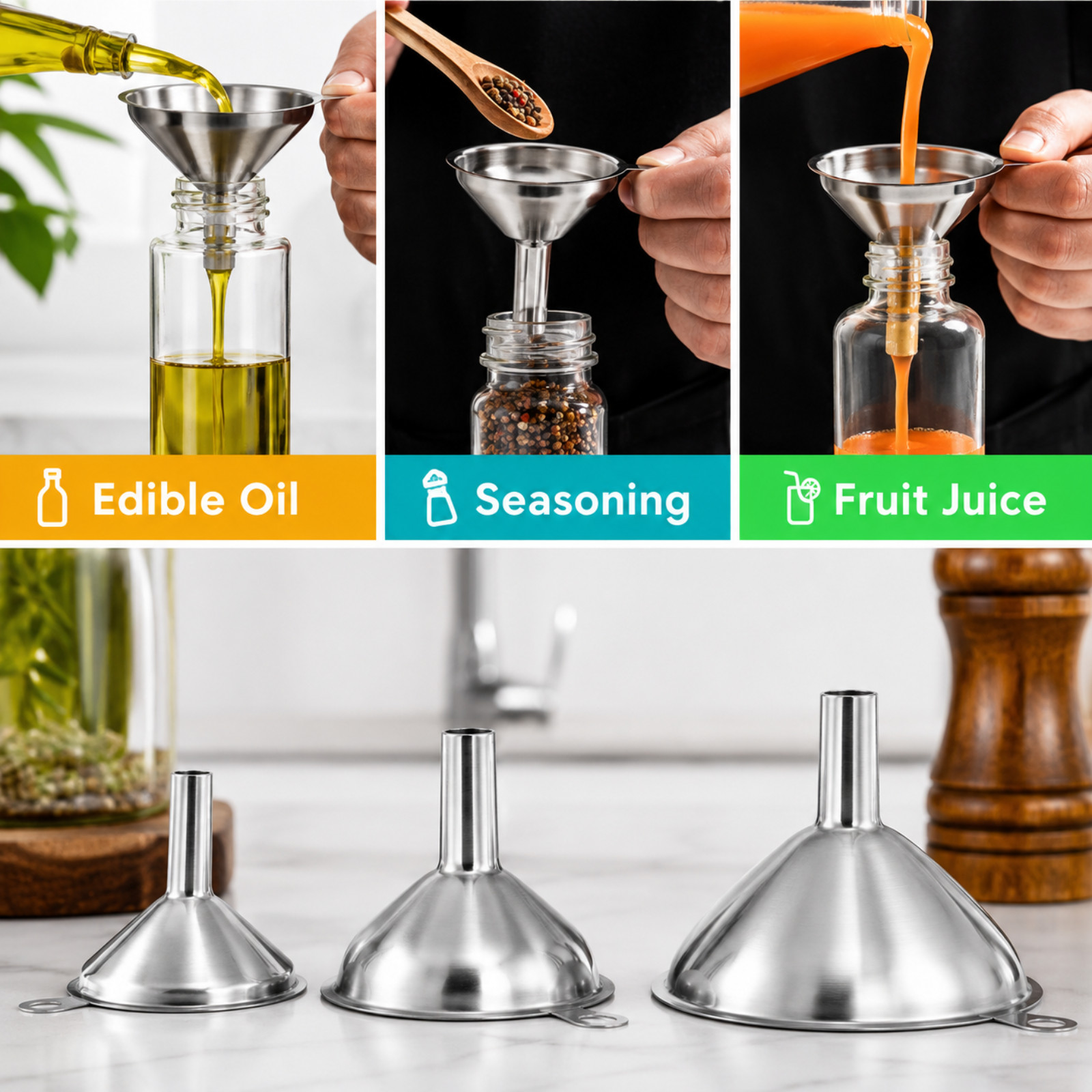 Stainless Steel 5 Pcs Kitchen Funnels Set Food Metal Funnels for Filling Small