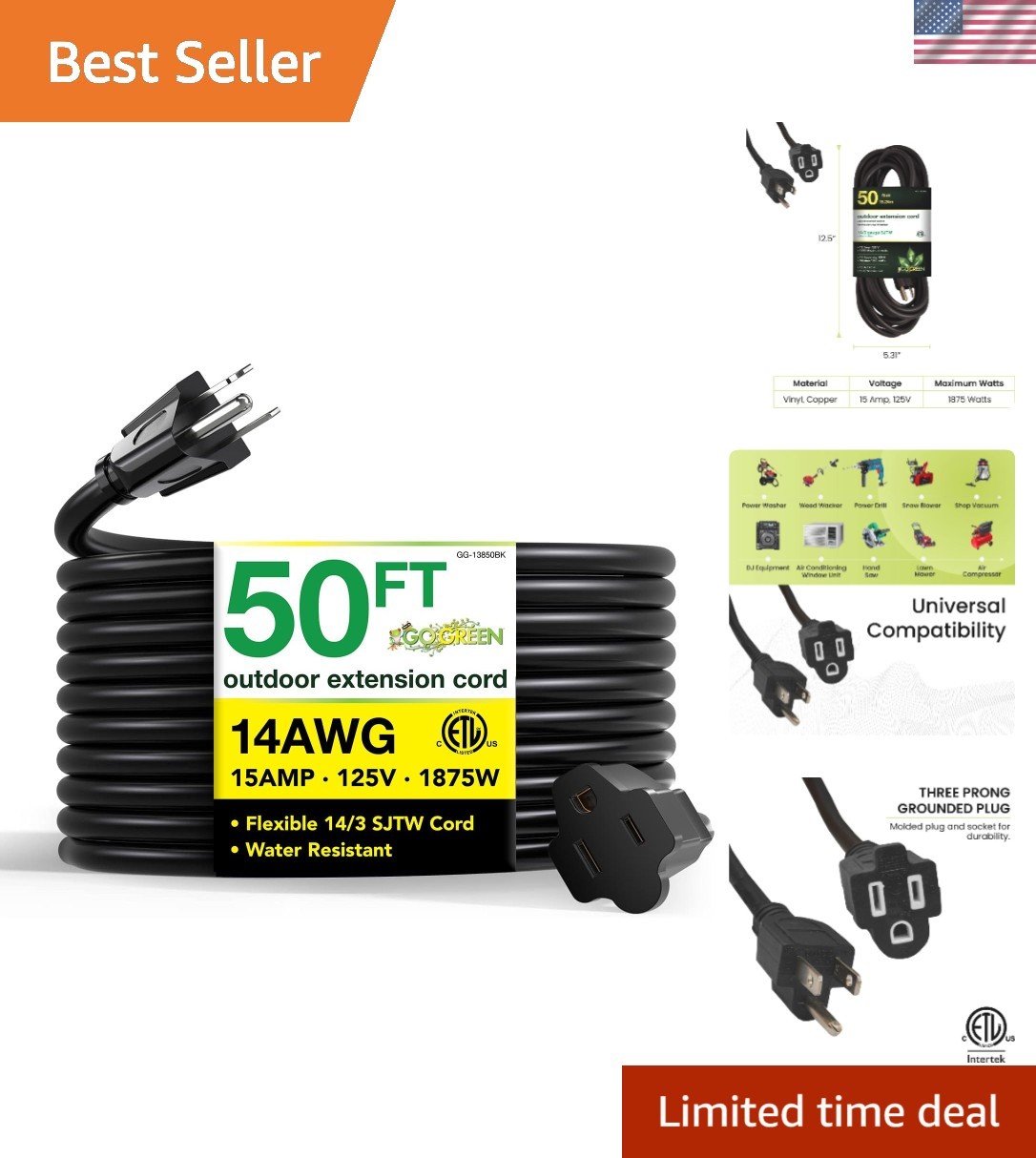 Go Green 50ft Heavy Duty Outdoor Extension Cord – Moisture Resistant Power