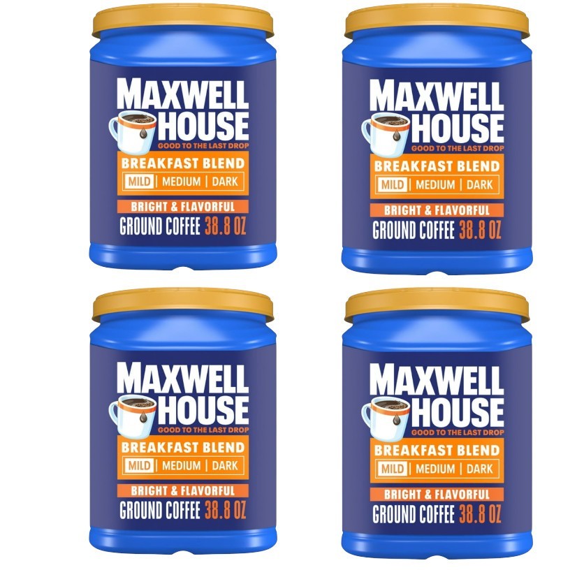 Maxwell House Breakfast Blend Ground Coffee, Mild Roast, 38.8 oz Canister –4Pack
