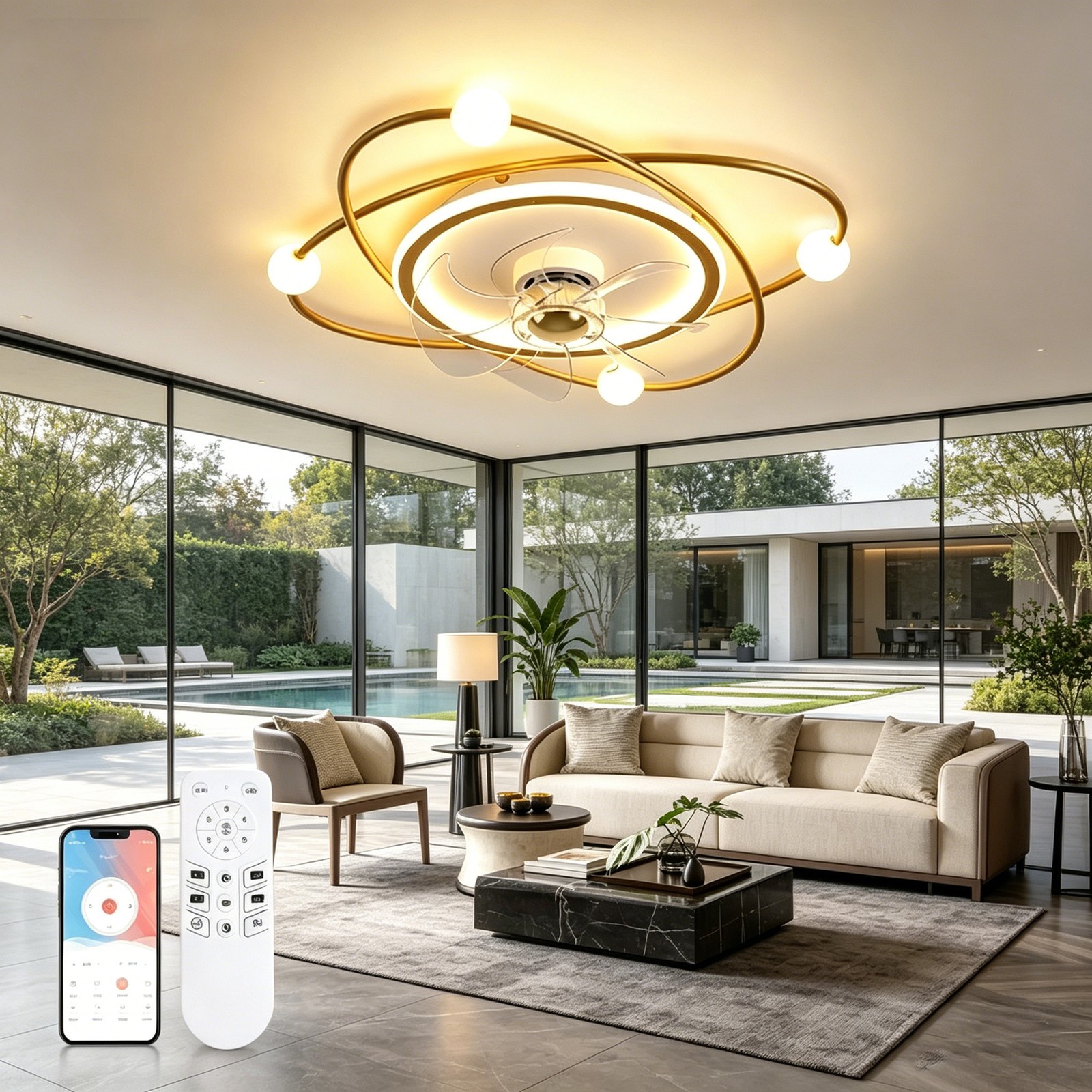 Decorative Gold Ceiling Fan Light Fixture Modern Interior Lighting Home Decor