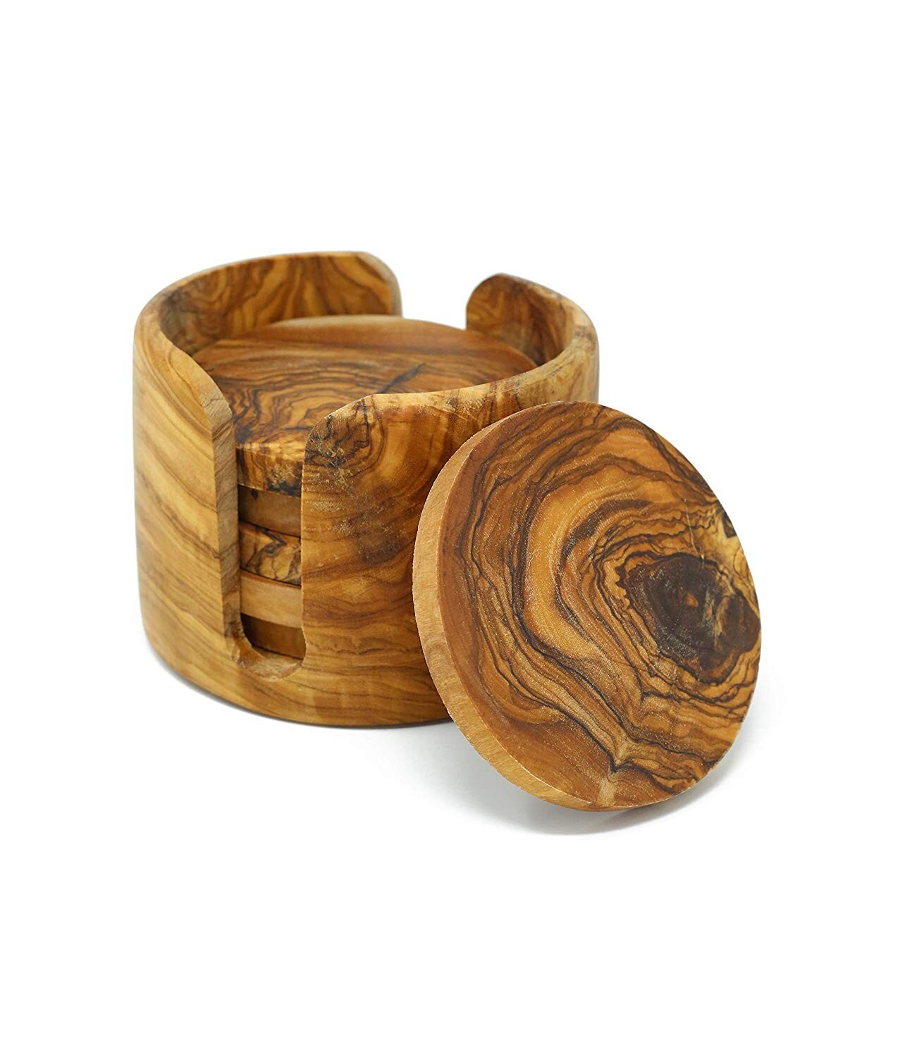 Olive Wood Round Coaster Set of 6 3.5 Inch Decorative with Holder Handcrafted