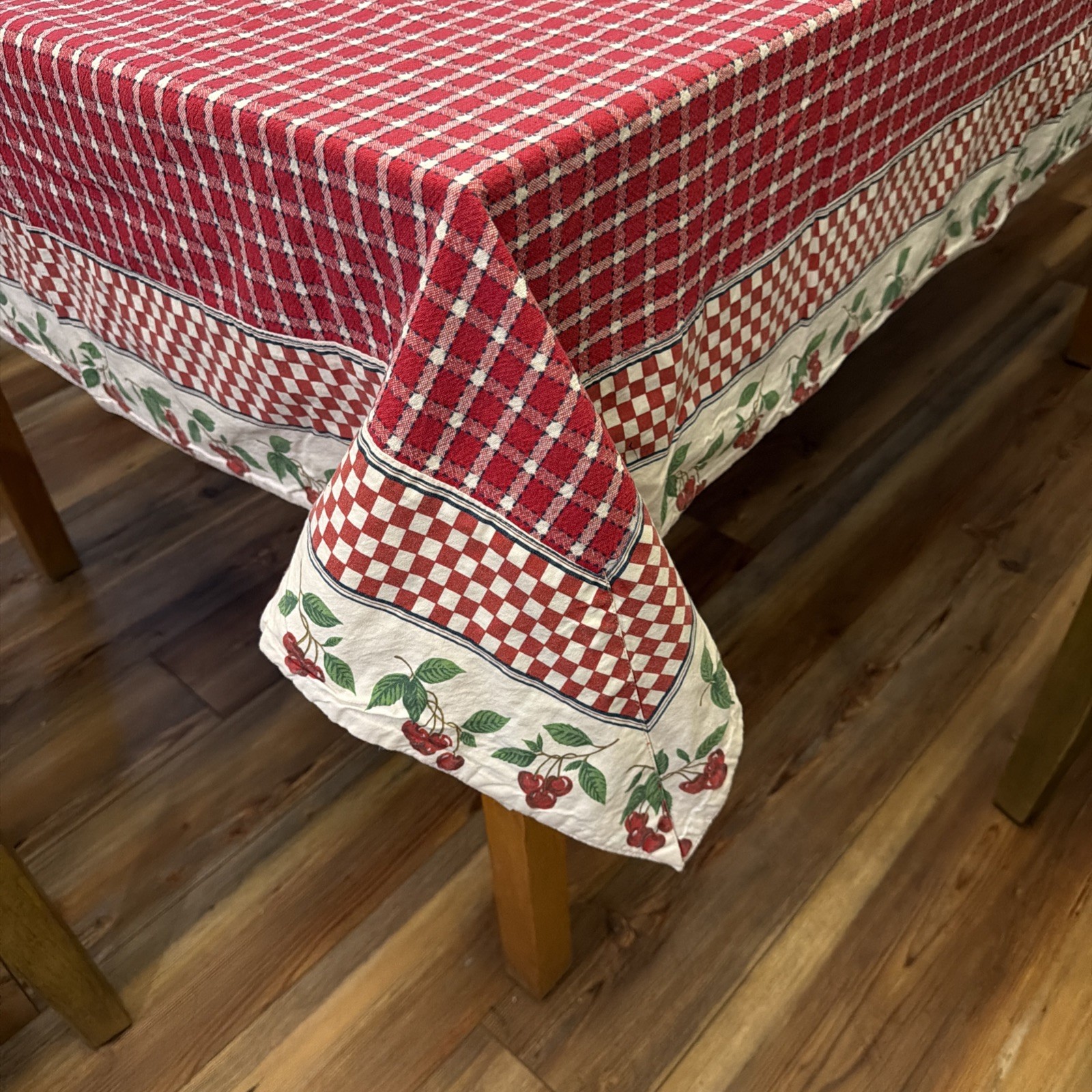 Red And White Check Cotton Tablecloth With Wide White & Cherry Border 52”x78”