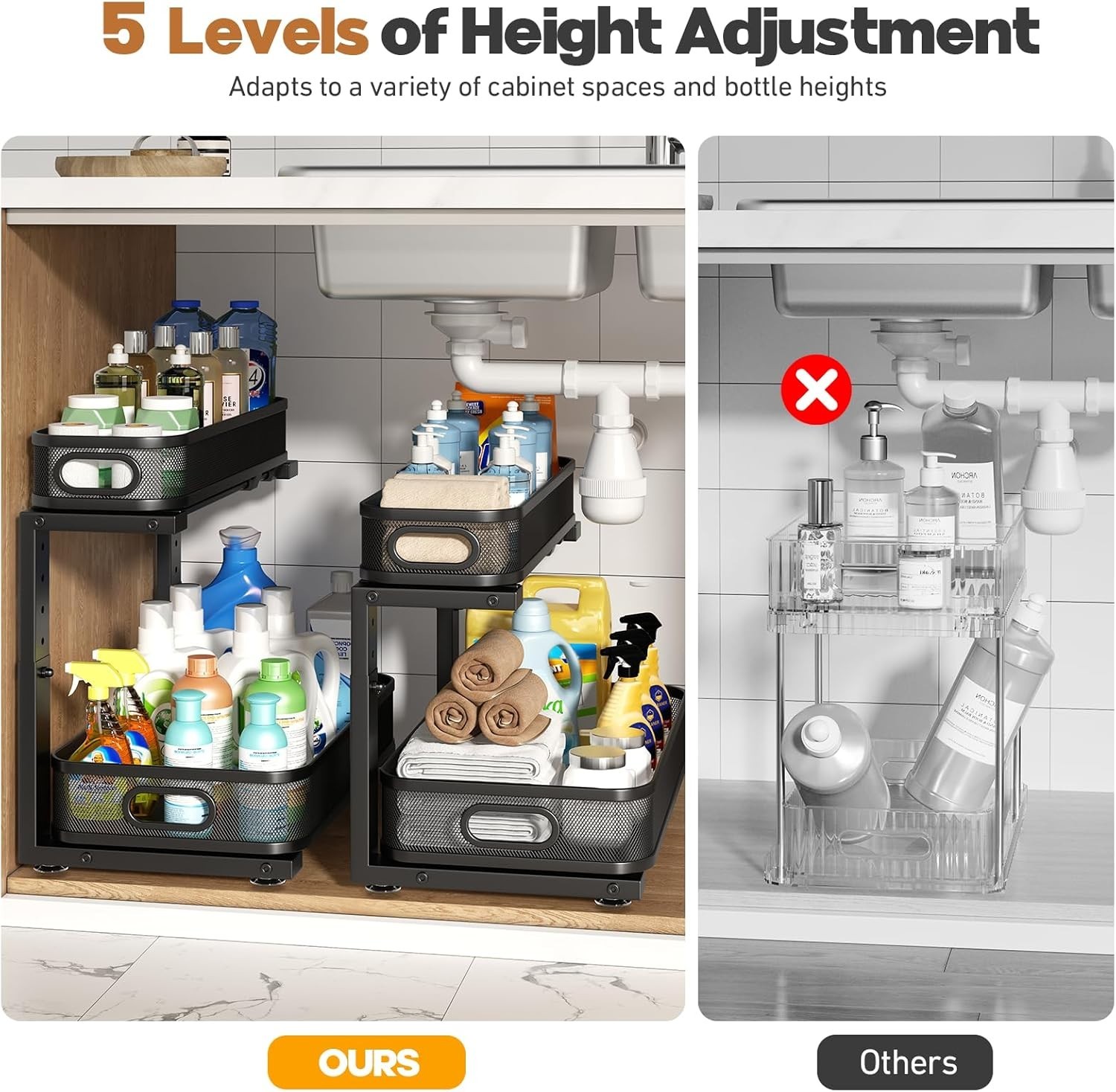 2 Pack 19.3IN-Depth Under Sink Organizer with Smooth Cylindrical Rail,2-Tier Pul