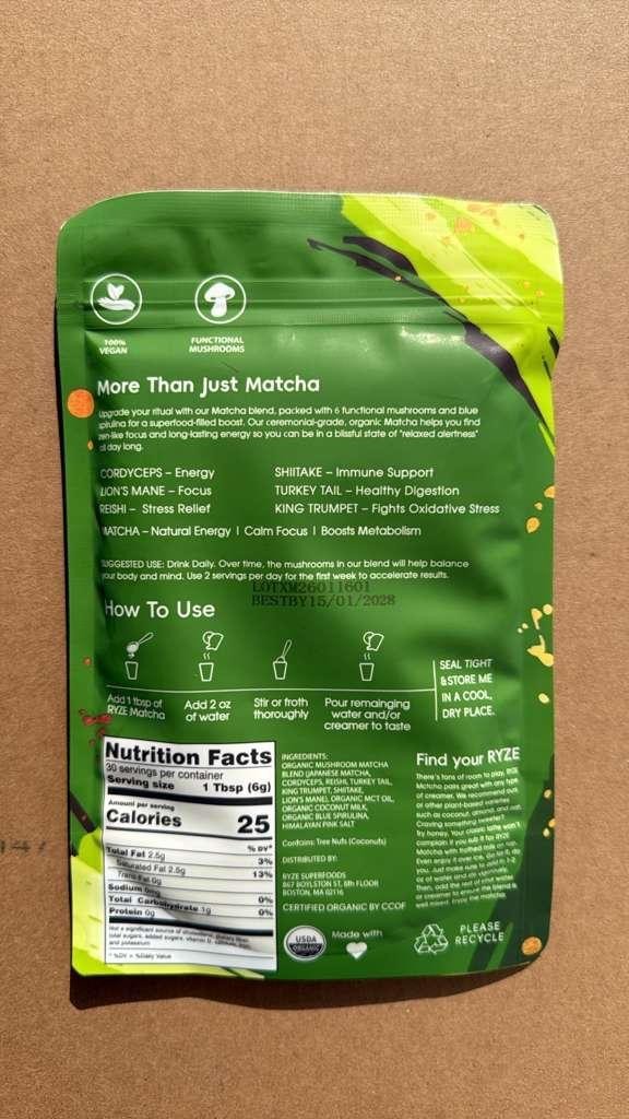 Ryze Matcha Green Tea Organic 30 Servings New Free Shipping USA Fresh With Spoon