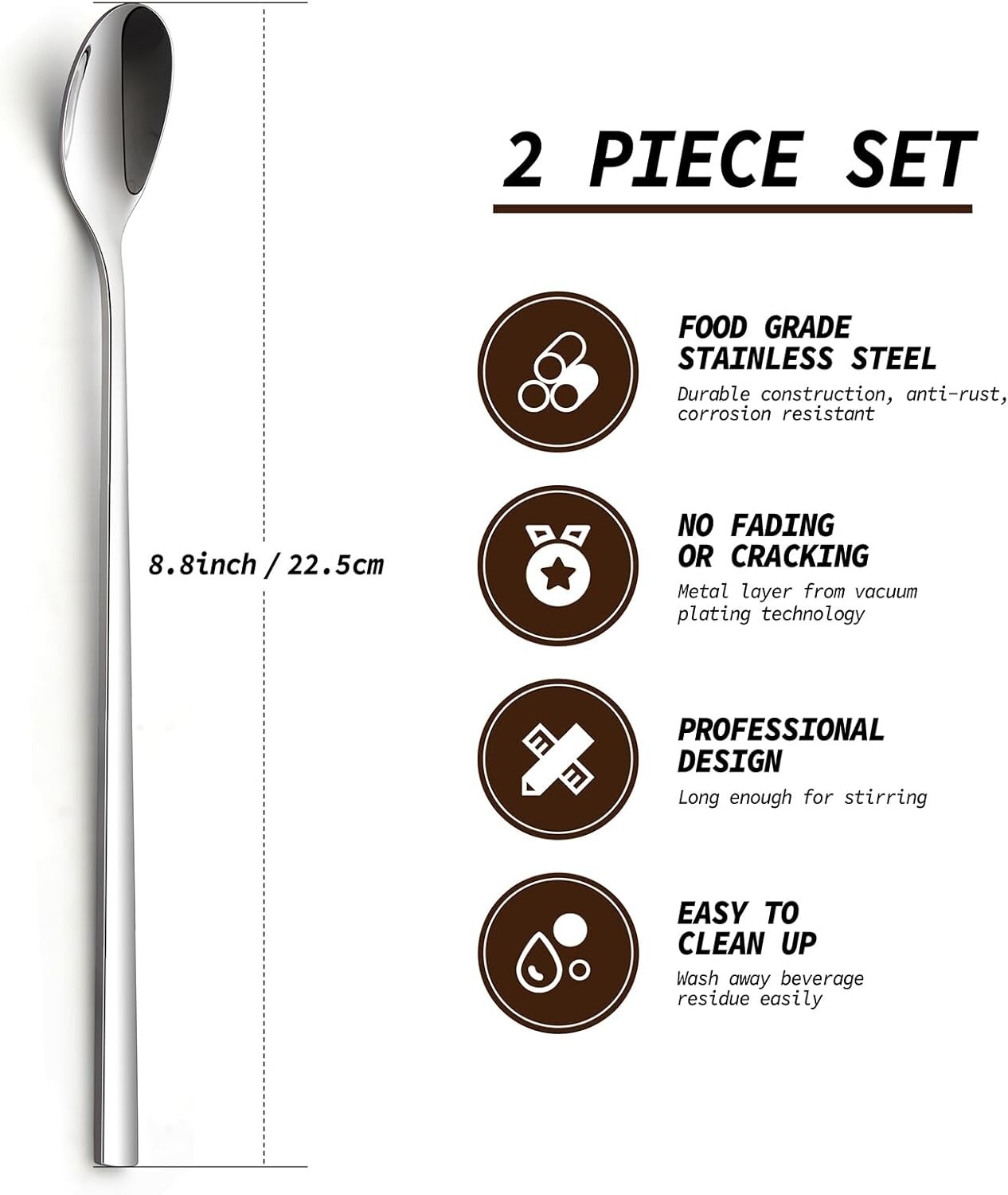 9-Inch Long Handle Spoon, Coffee Stirrers Ice Tea Spoon Premium 18/10 Stainless