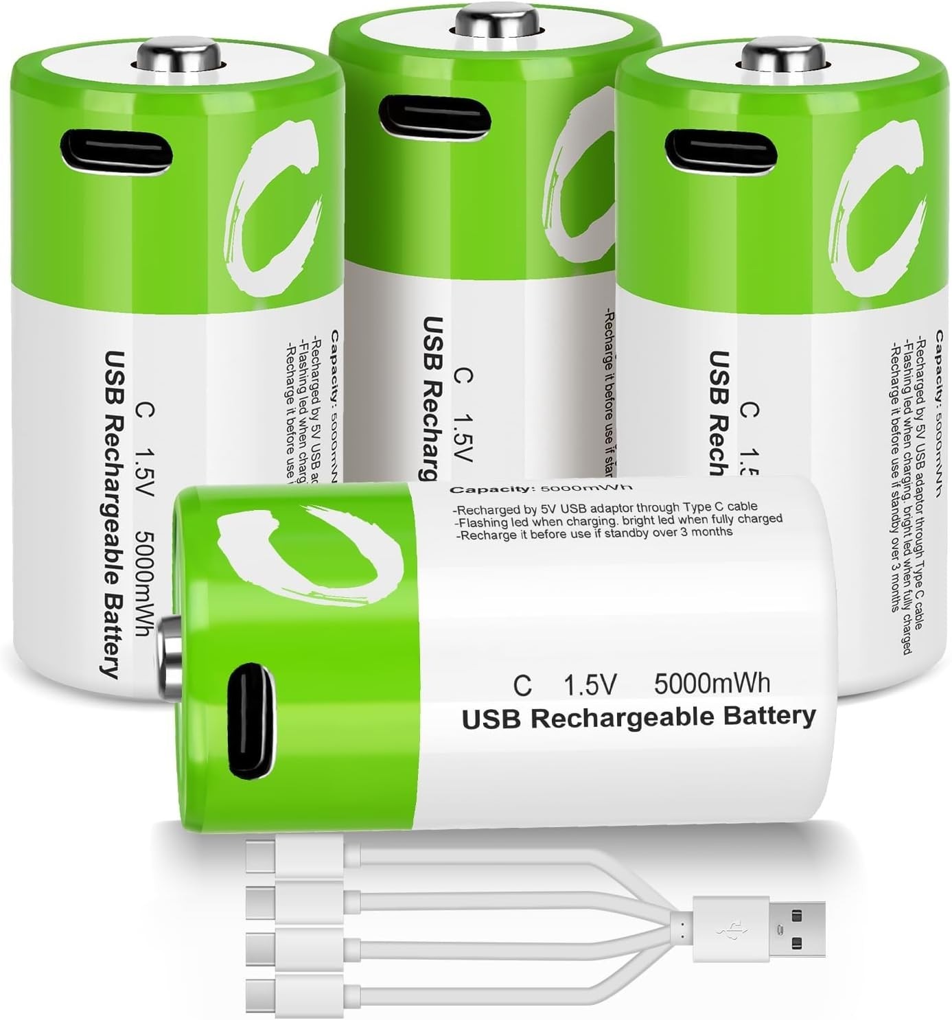 Lithium Rechargeable C Batteries 4 Pack,5000mWh High Capacity 1.5V Li-ion C 4