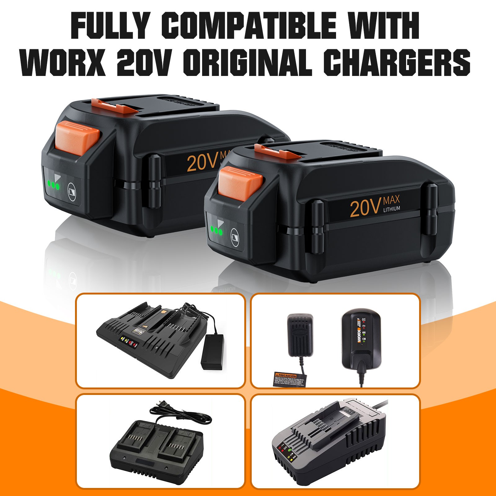 4-1x 20V or WORX 8.0Ah Extend Lithium-Ion WA3525 WA3575 WA3520 Battery/Charger