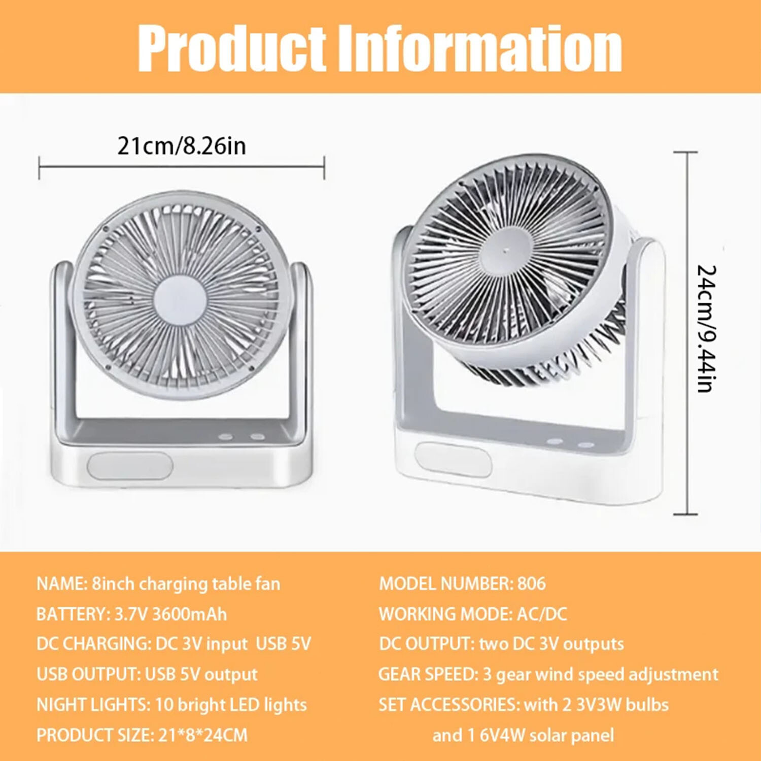 2pack Rechargeable Solar Fan Set w/ Solar Panel 3 Speeds LED light 4 Free Bulbs