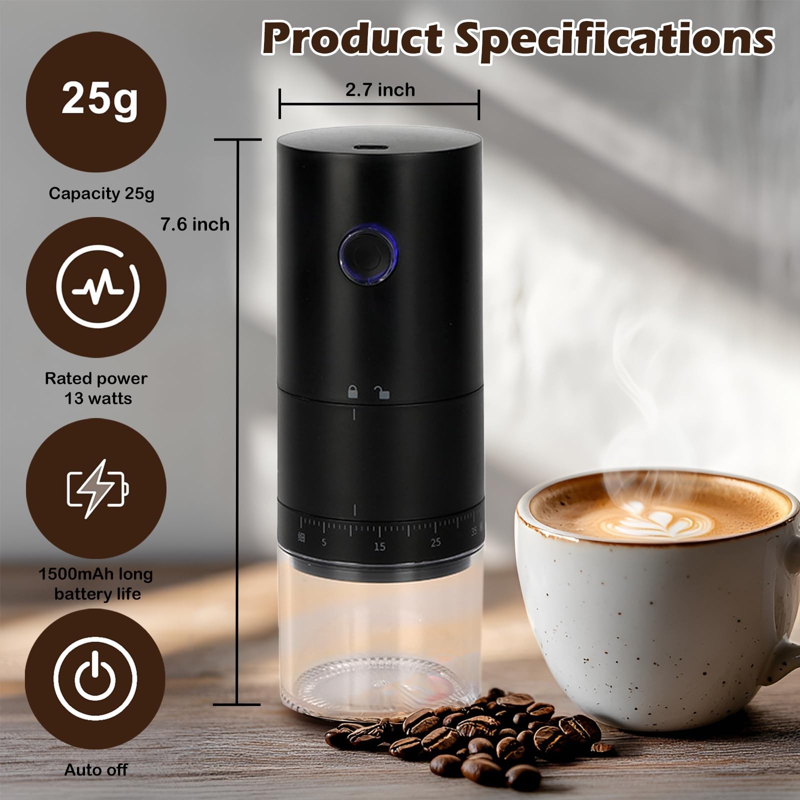 Portable Electric Coffee Grinder with 38 Adjustable Grind Settings, 1500mAh R…
