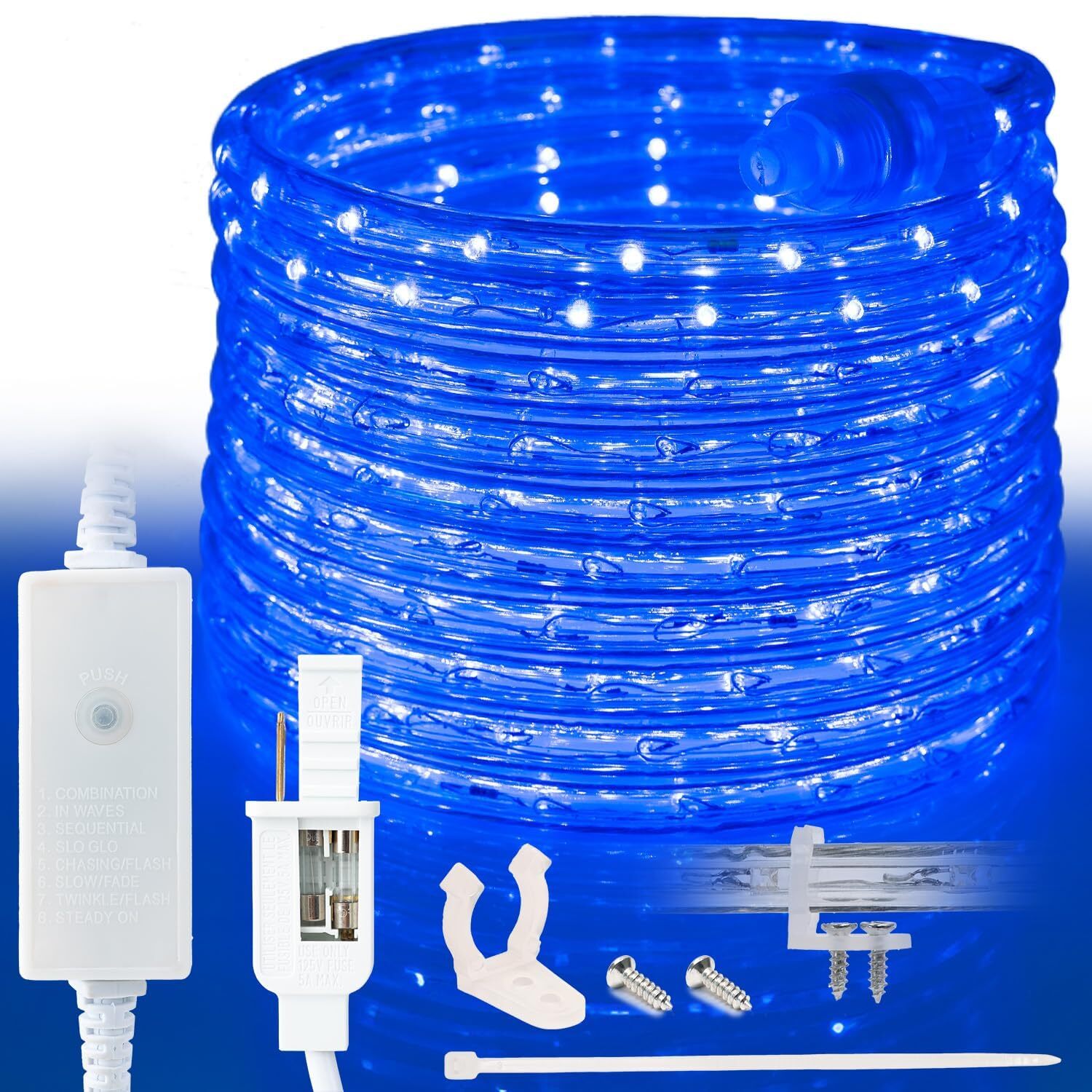 Blue 8-Mode LED Outdoor Waterproof Rope Light 10′ 25′ 50′ 100′ 150′ 300′ ft