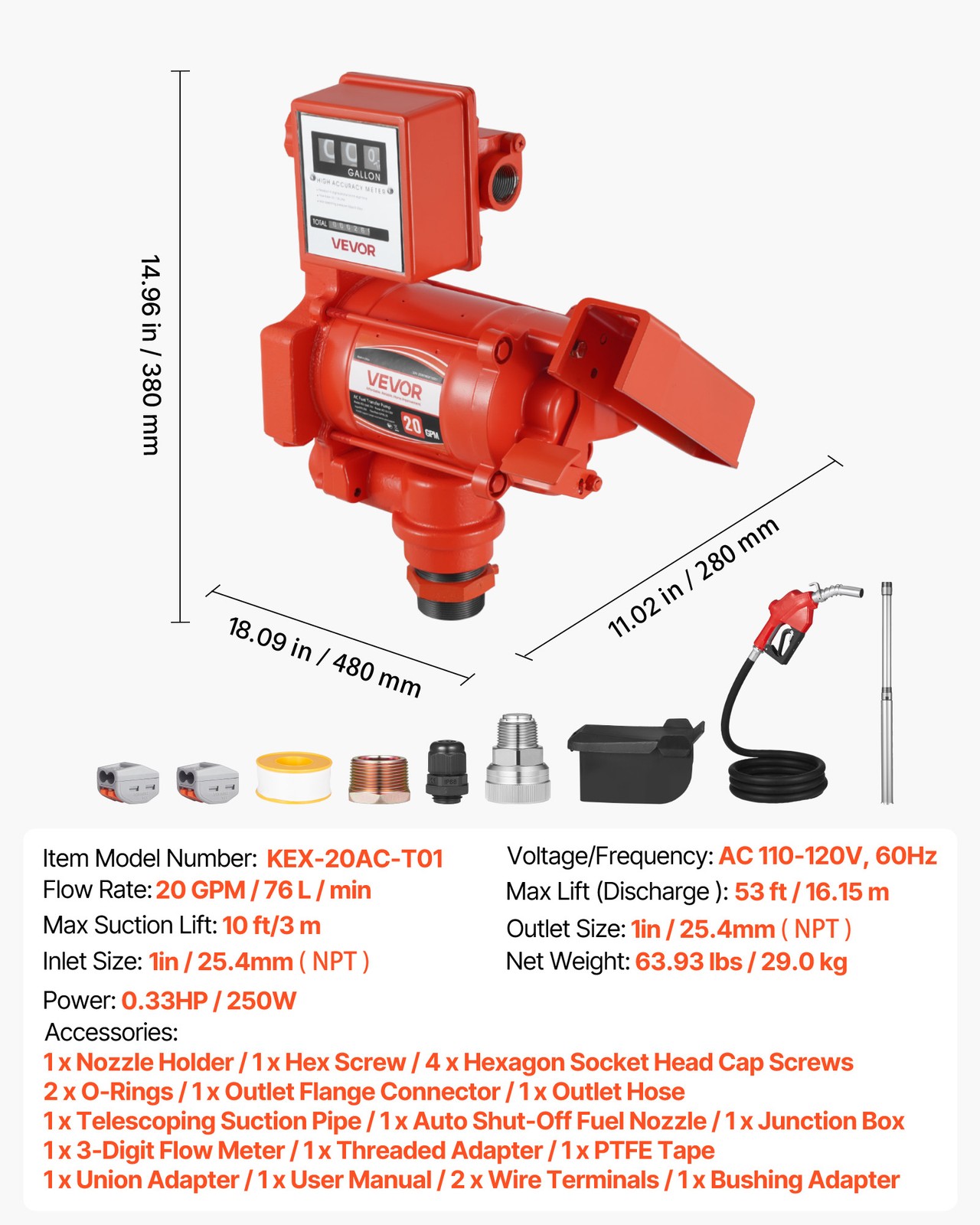 VEVOR Fuel Transfer Pump 110V Electric Oil Pump 20 GPM with Meter Fuel Nozzle