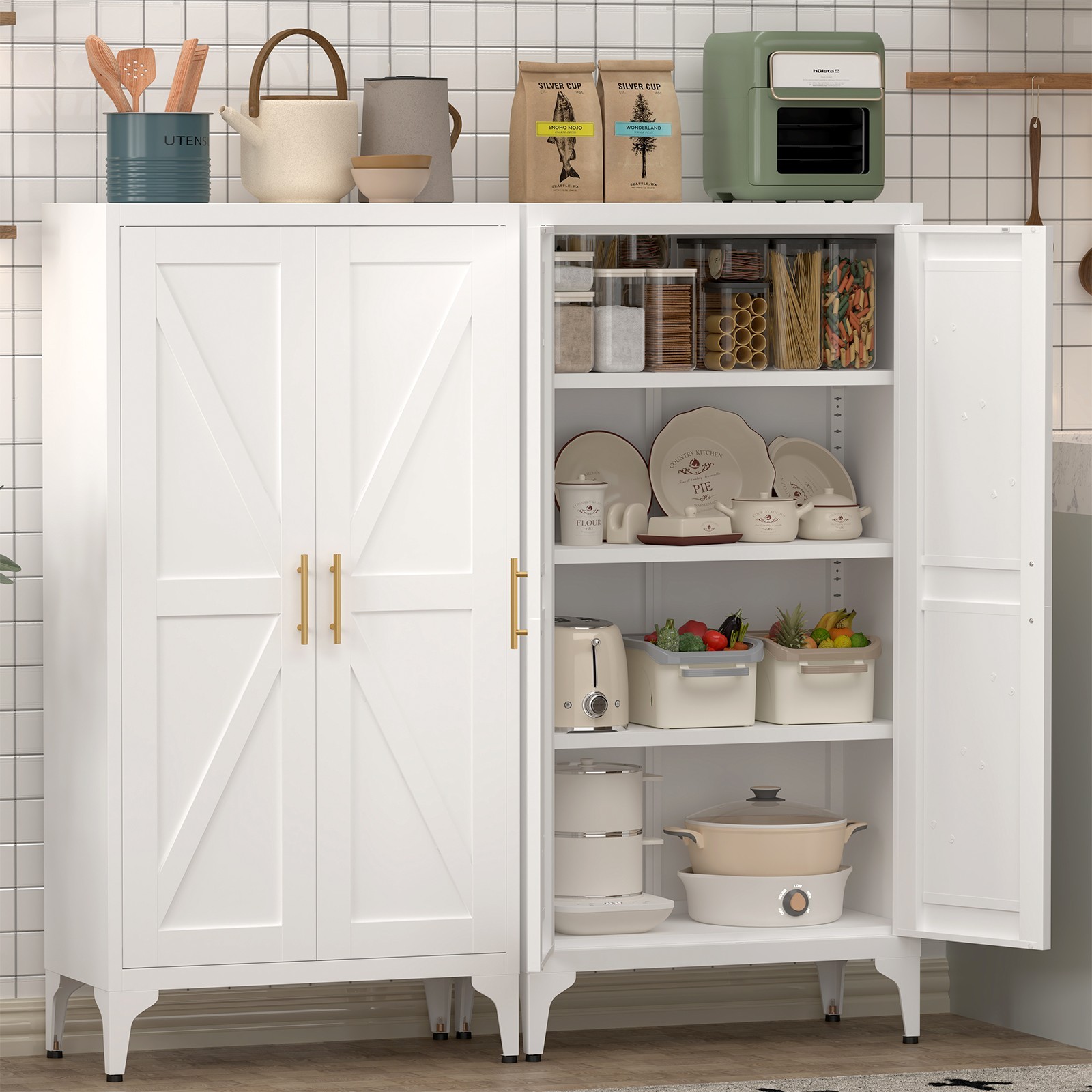 47”H White Metal Pantry Storage Cabinets with Doors and Adjustable Shelves