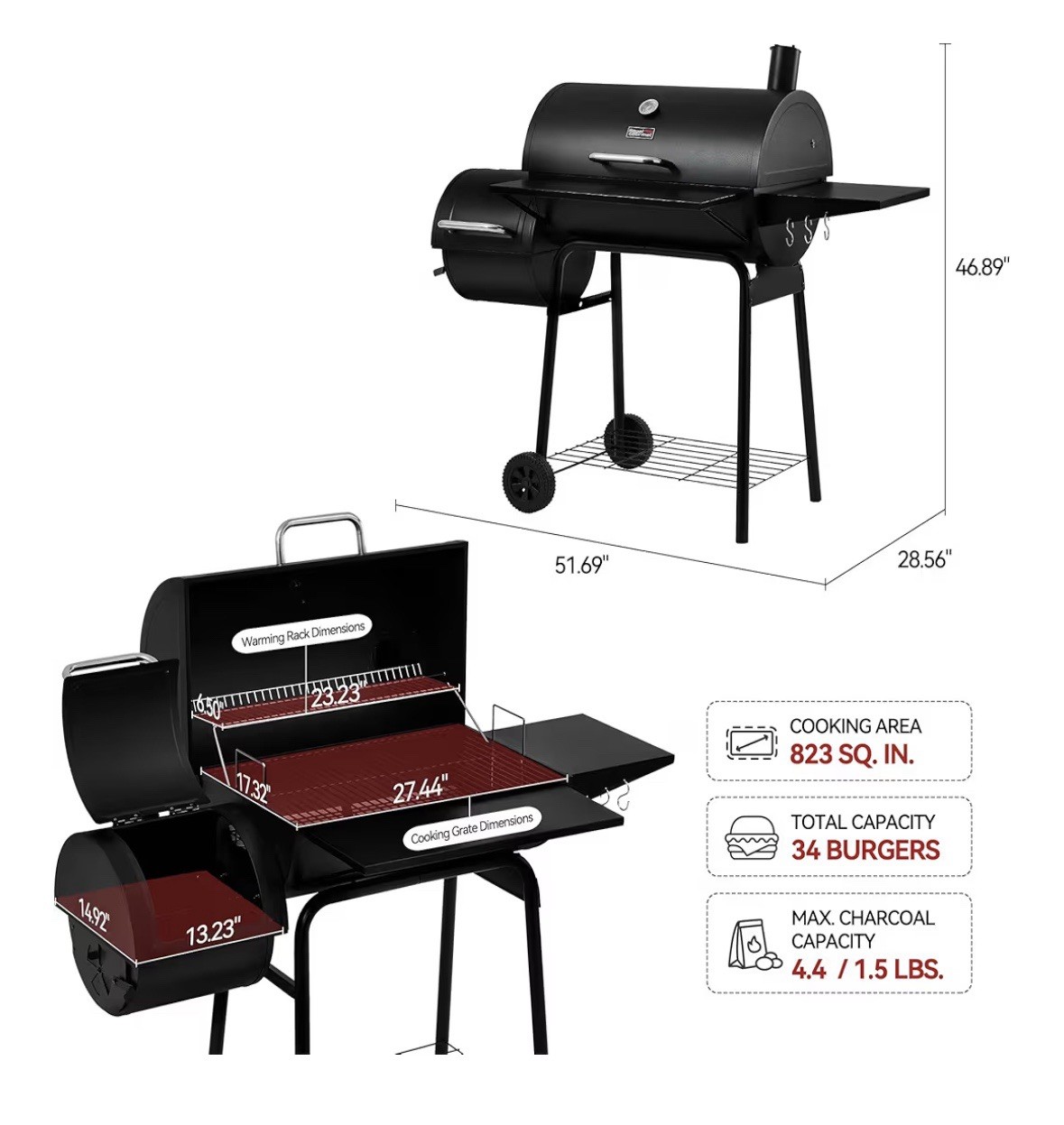 Royal Gourmet CC1830S BBQ Charcoal Grill and Offset Smoker 823 Square Inch Black