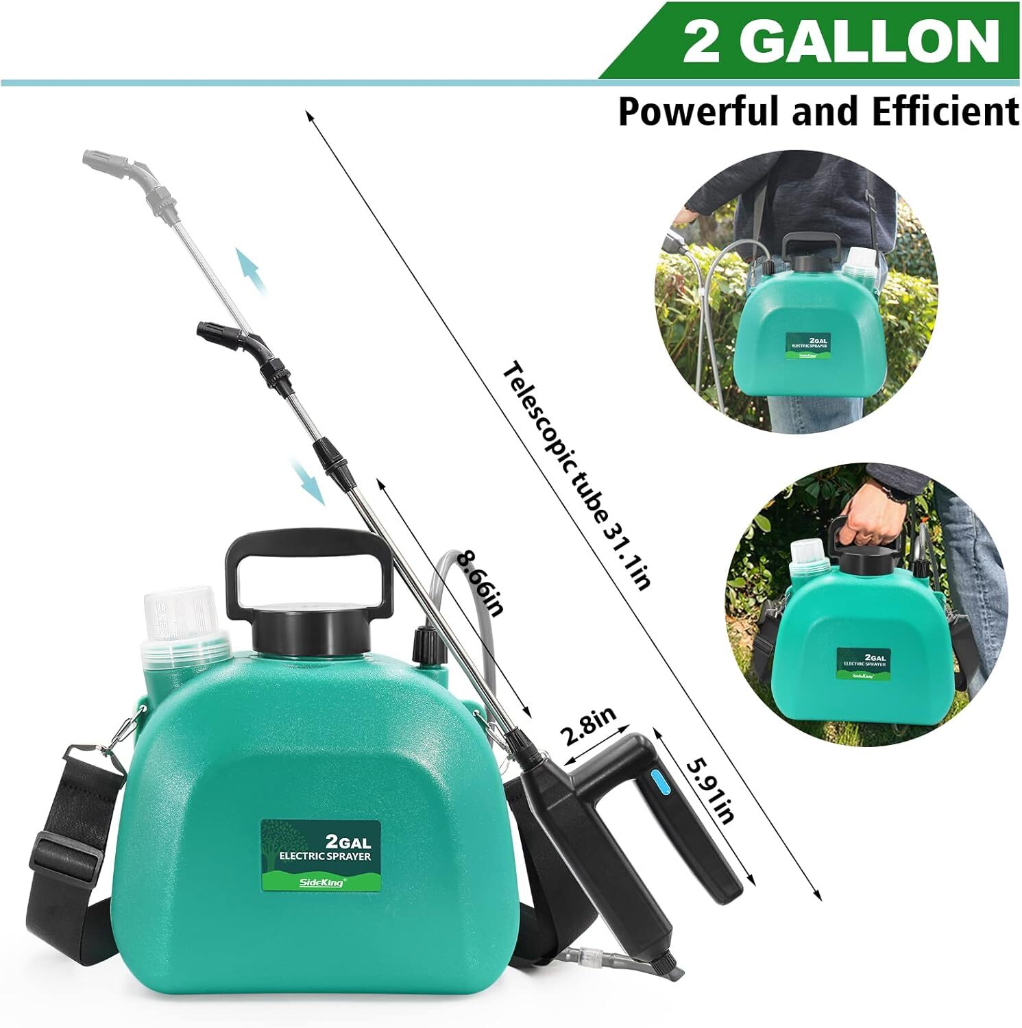 2Gallon Battery Powered Sprayer Electric Sprayer 3 Mist Nozzles Retractable Wand