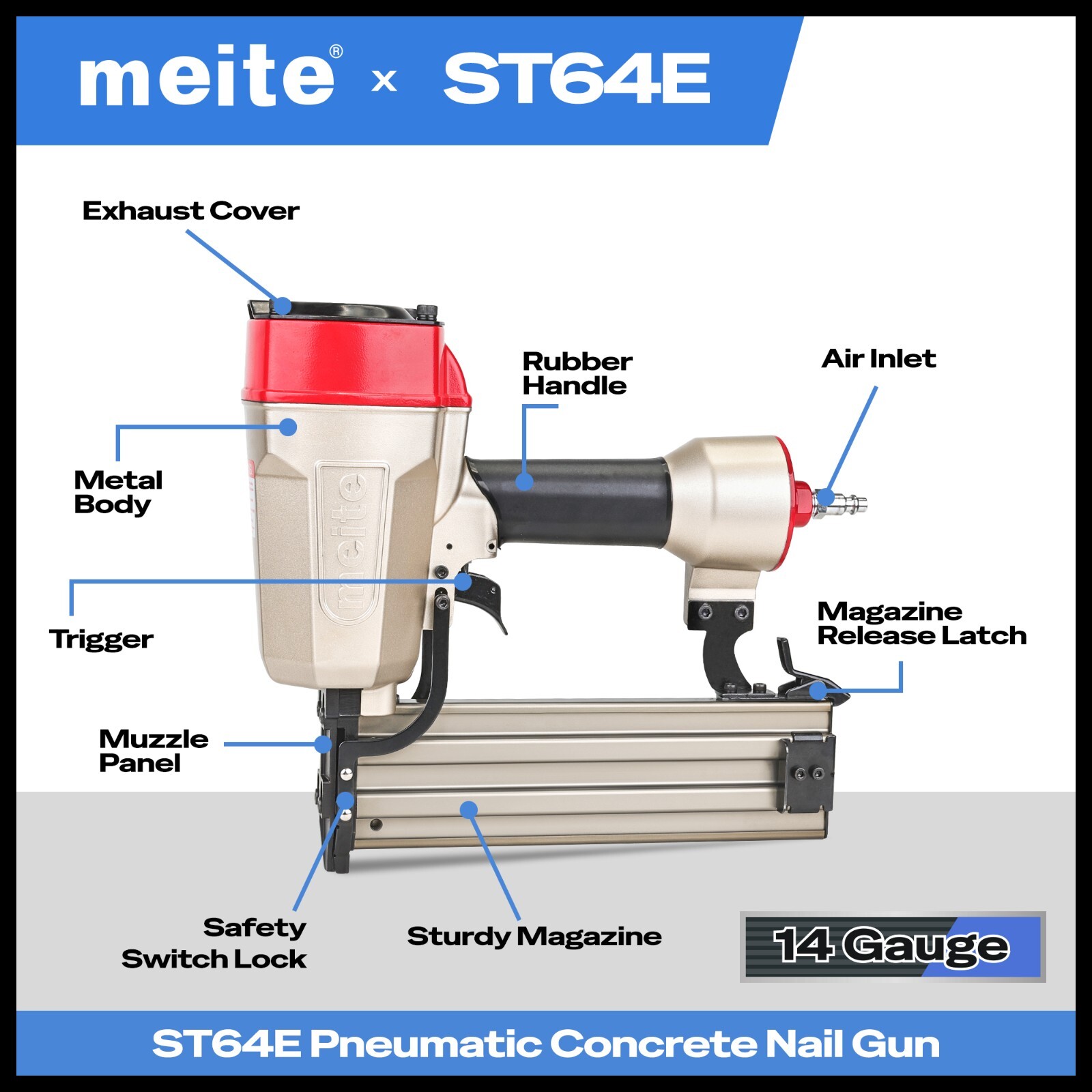 meite Concrete T Nailer ST64E with 400 PCS 1-1/4 Inch Concrete Nails, 14 Gauge