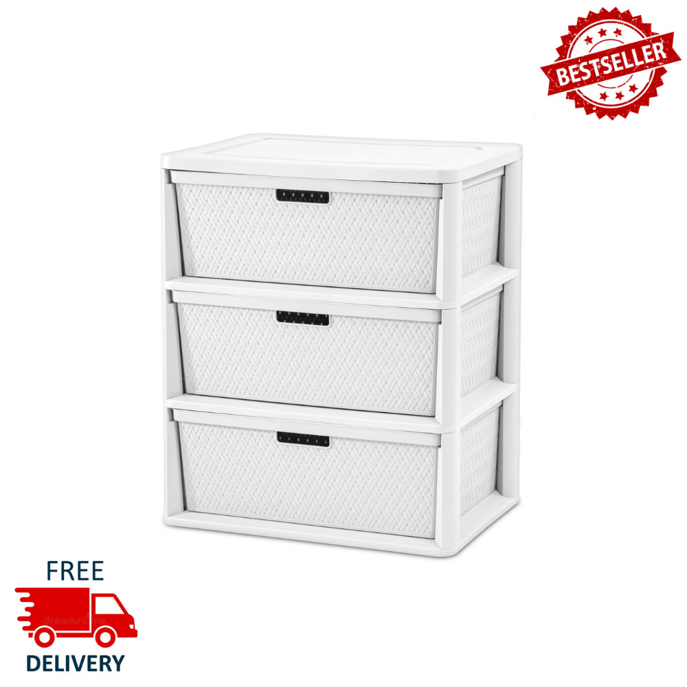 Sterilite Wide 3 Drawer Cross Weave Tower, White Plastic Storage Chest Organizer