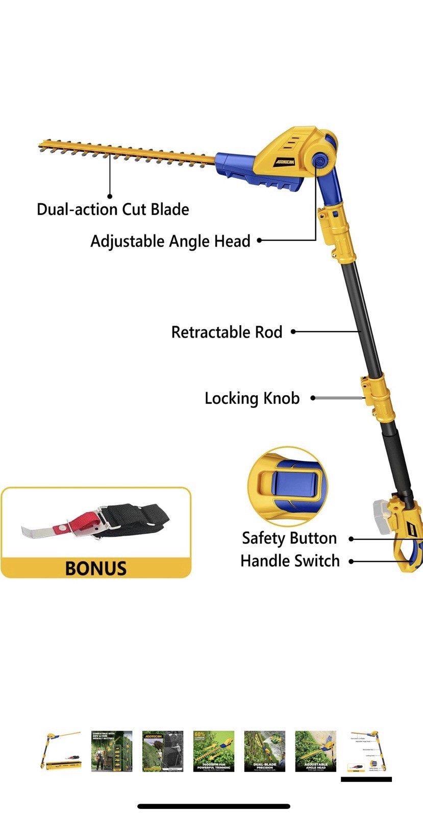ADOTOCAM Cordless Pole Hedge Trimmer for Dewalt 20V Max Battery （tool only）