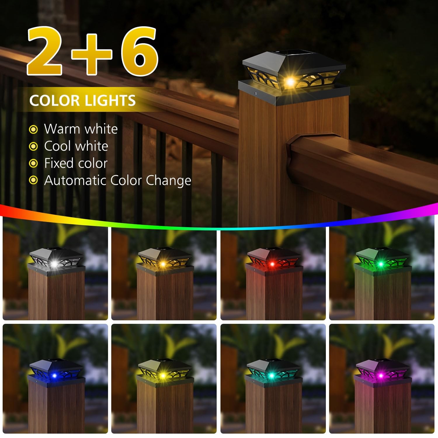 T-SUN Solar Post Cap Lights 6 Pack – Outdoor Waterproof RGB Color Changing Li…