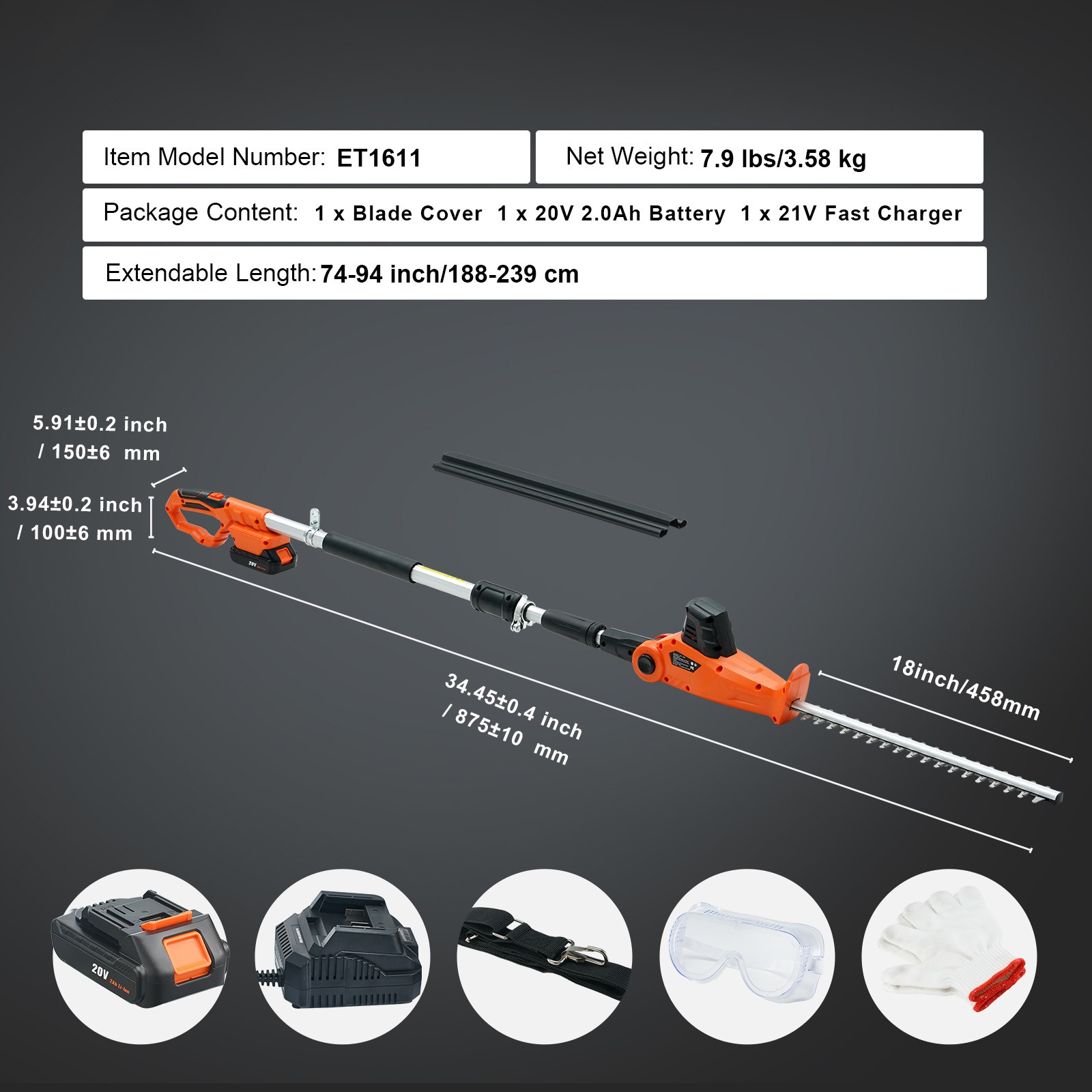 VEVOR 20V Cordless Hedge Trimmer Telescoping Pole Hedge Trimmer 18 inch Blade