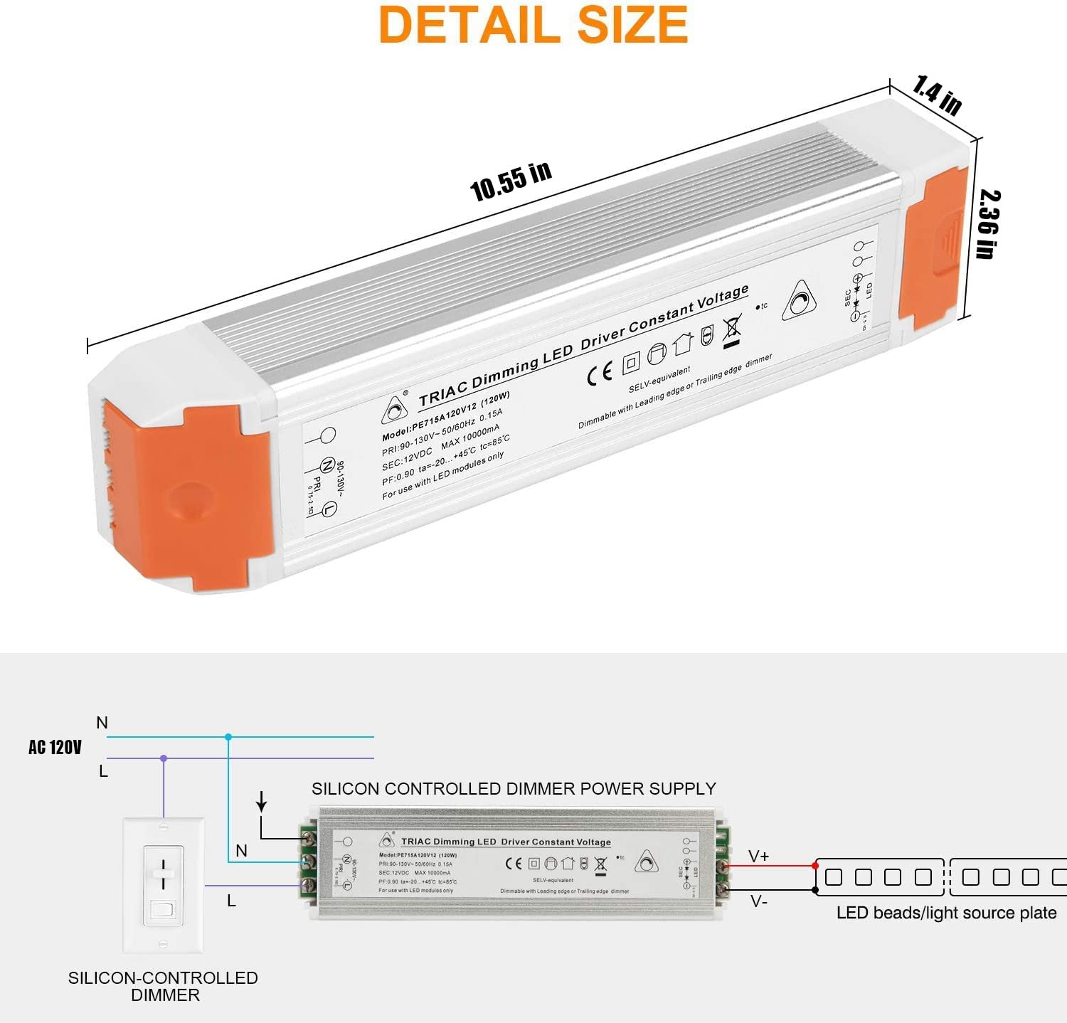 120W 10A Dimmable LED Power Supply 110V to 12V Transformer Driver 120W-DIM-12V