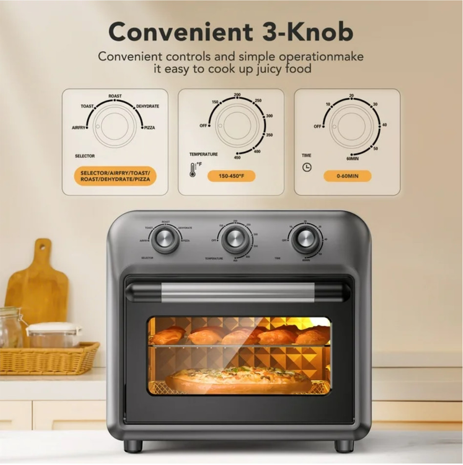 19QT Air Fryer Toaster Oven With Convection, 5 in 1 Oil Free Cooker, 1500W Black