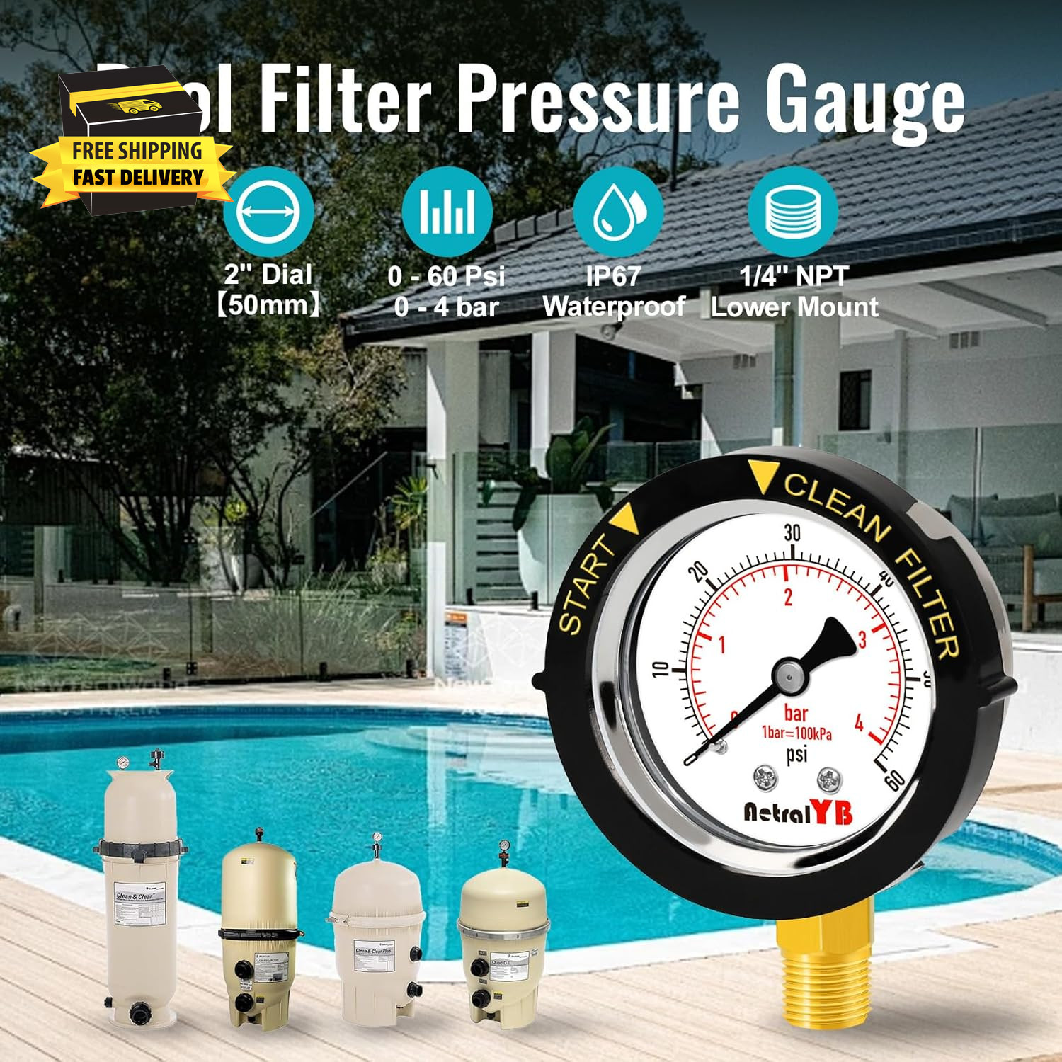 Pool Filter Pressure Gauge, 304 Stainless Steel, IP67 Waterproof, 0-60 Psi/Bar,