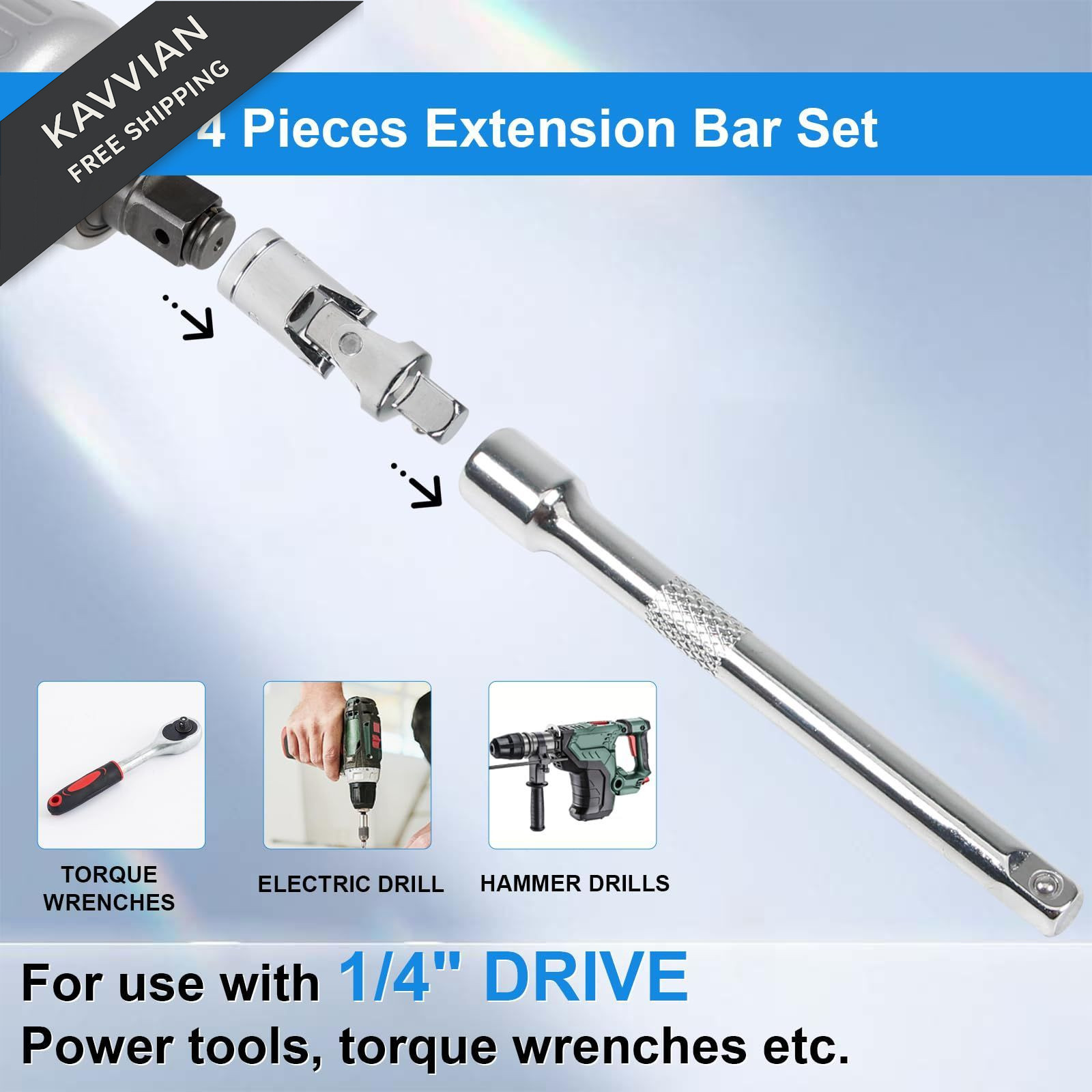 1/4 Inch Drive Socket Extension Bar Set, 4 Piece wrench extender