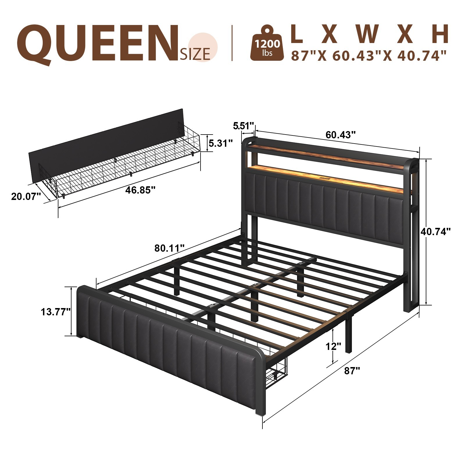 Full Queen LED Bed Frame with Charging Station&Upholstered Storage Headboard