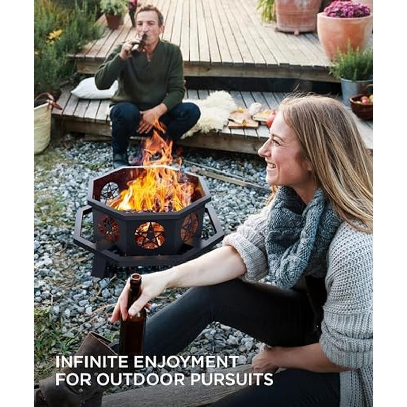 35 in Octagonal Fire Pit Outdoor Fire Pit Wood Burning Fire Pits w/Cooking Grill