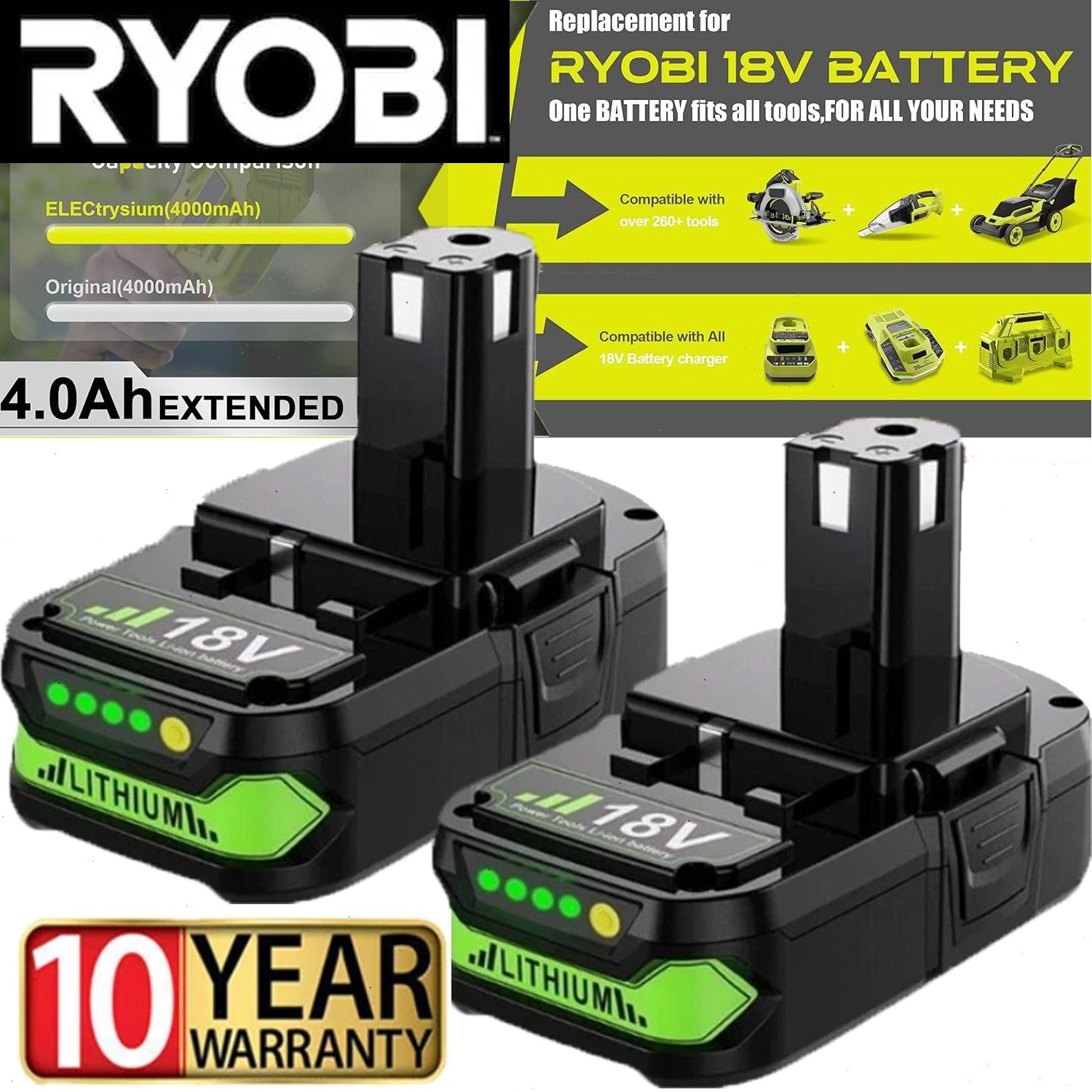 2 PACK 4.0Ah For RYOBI 18V Battery One Plus Compact Lithium-Ion P190 P192 new