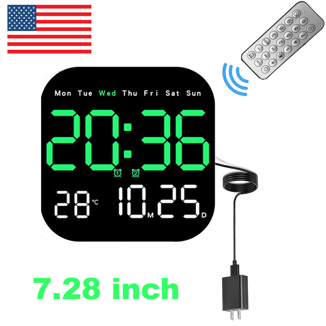 LED Large Digital Wall Clock Remote Control Temperature Date Week Display Set