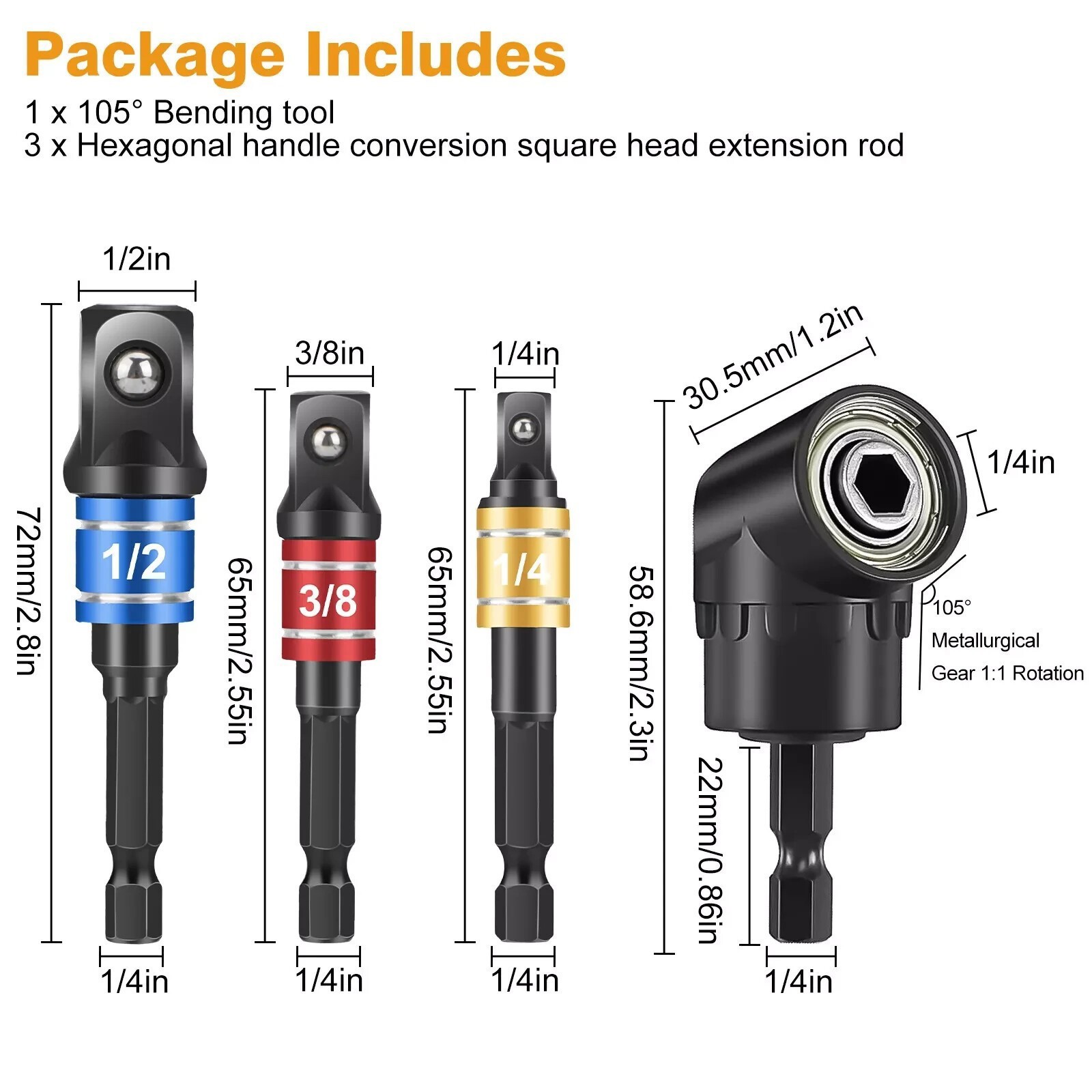 ✔️Socket Adapter Impact Hex Shank Drill Bits Set 1/4″ 3/8″ 1/2″+105° Right Angle