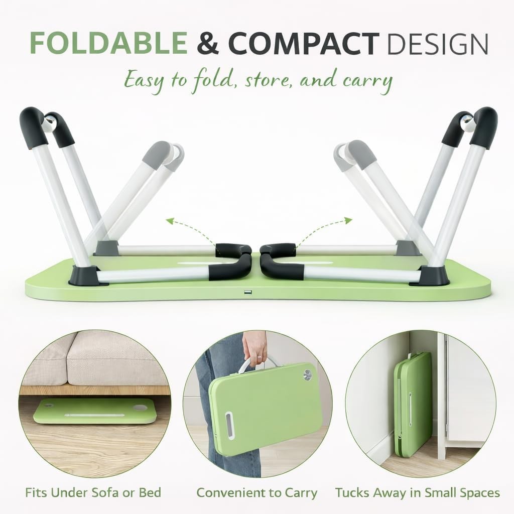 Foldable Laptop Table With Drawer – MDF Wood Desk With Cup Holder, Tablet Slot