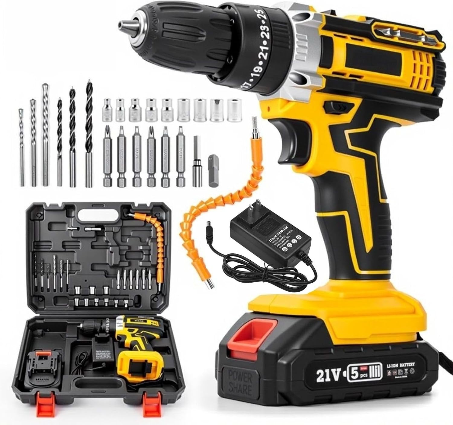 21V Cordless Drill Electric Screwdriver 3/8 Keyless Chuck Work Light