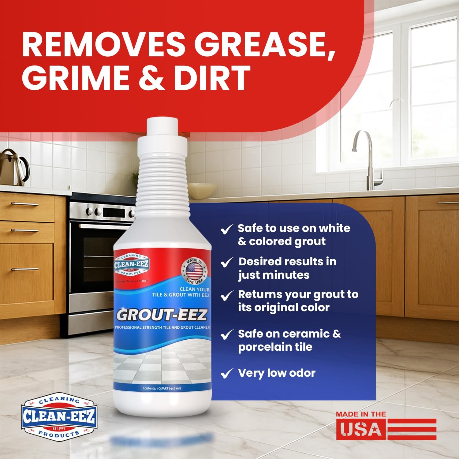 Grout-eez Tile Cleaner Handheld Brush 32 oz Heavy-Duty Stain Remover Ceramic
